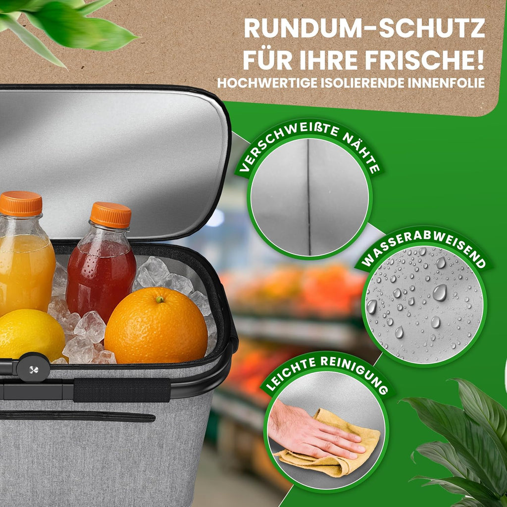 Cottara Thermo Einkaufskorb gross isoliert mit Deckel Reissverschlussfach Schwarz