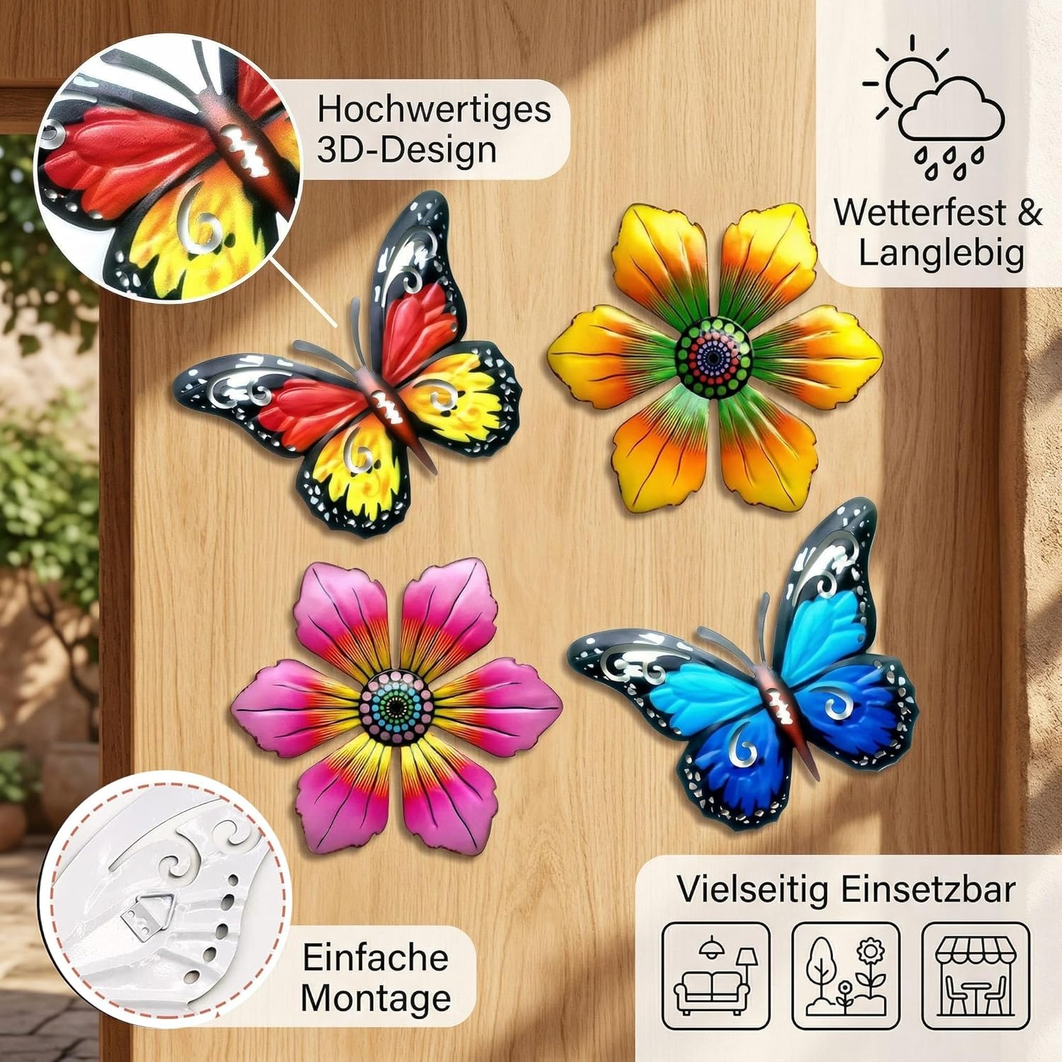 4er-Set Metall Gartenornamente Schmetterling Blumen Wanddeko aussen