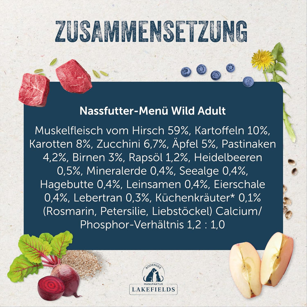 Lakefields Hundefutter Nass Wild 59% 6x400g getreidefrei schonend gegart -80