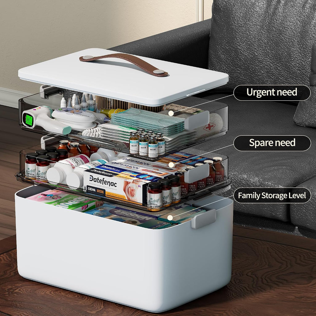 CTIME 3-stoeckige Medikamentenbox mit Lederhenkel, tragbar fuer Haushalt Reise