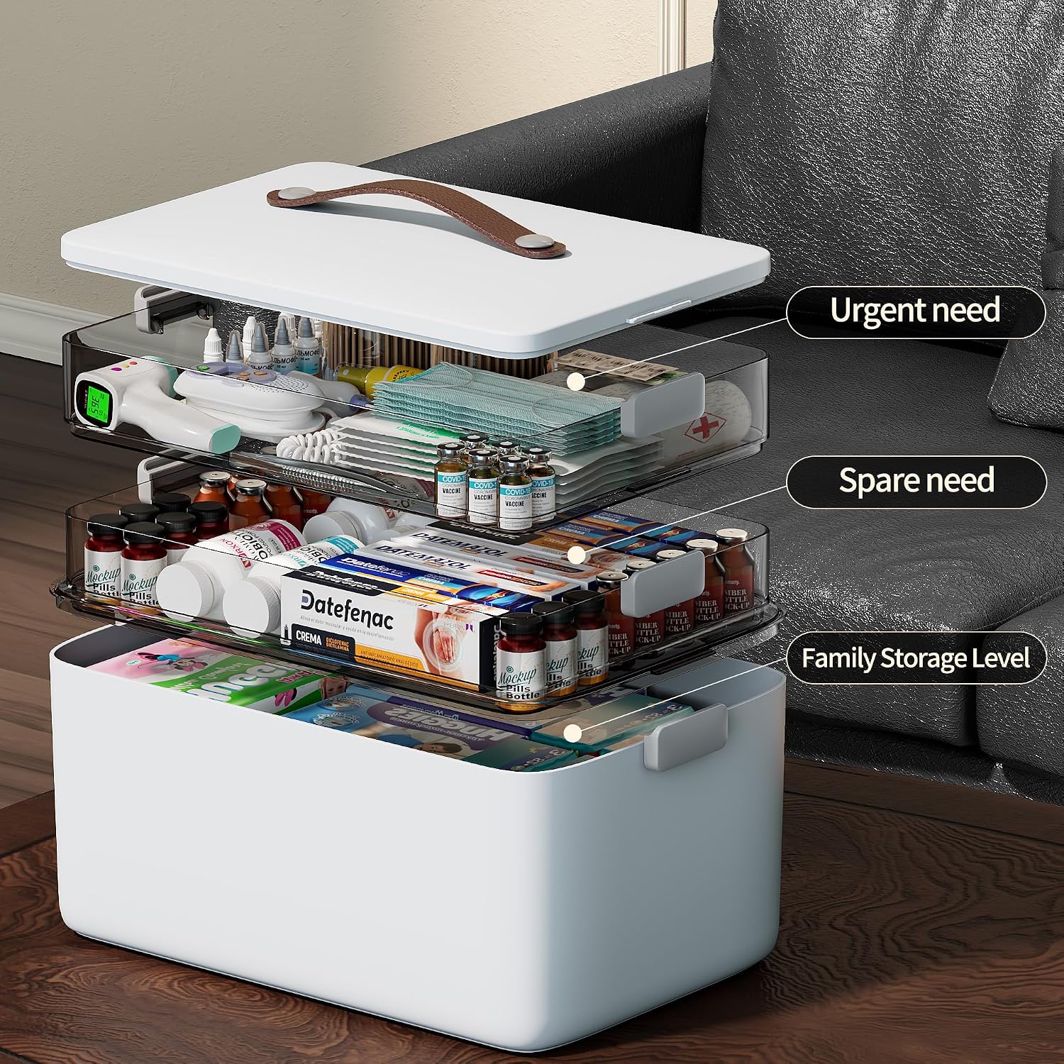 CTIME 3-stoeckige Medikamentenbox mit Lederhenkel, tragbar fuer Haushalt Reise