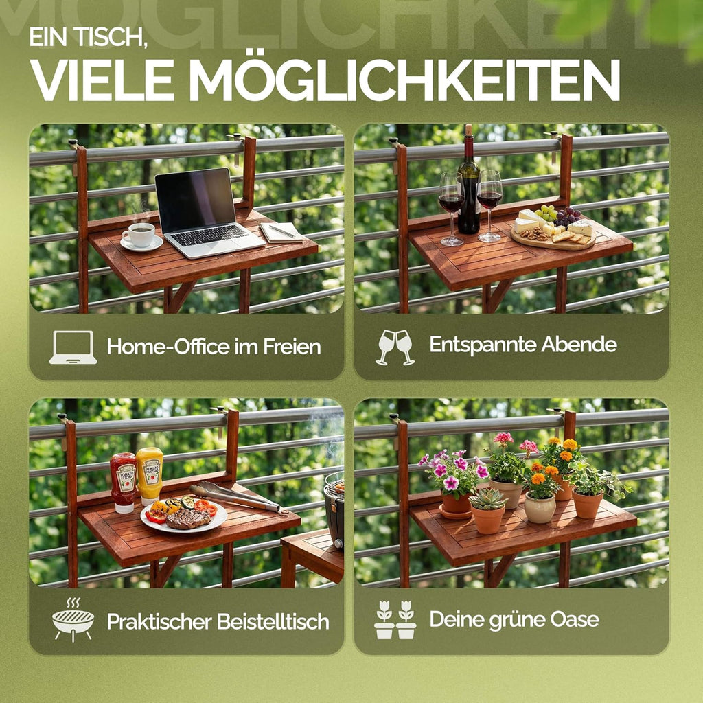 Casaria Balkontisch klappbar Akazie 65x45 cm fuer Gelaender bis 40 kg, wetterfest