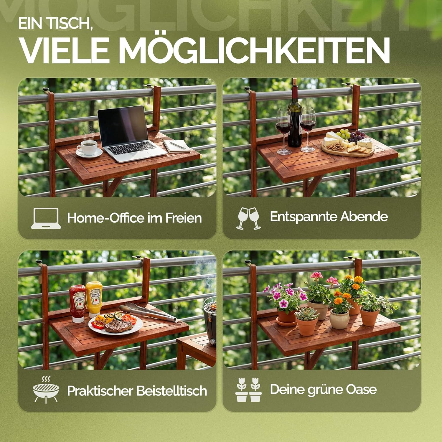 Casaria Balkontisch klappbar Akazie 65x45 cm fuer Gelaender bis 40 kg, wetterfest