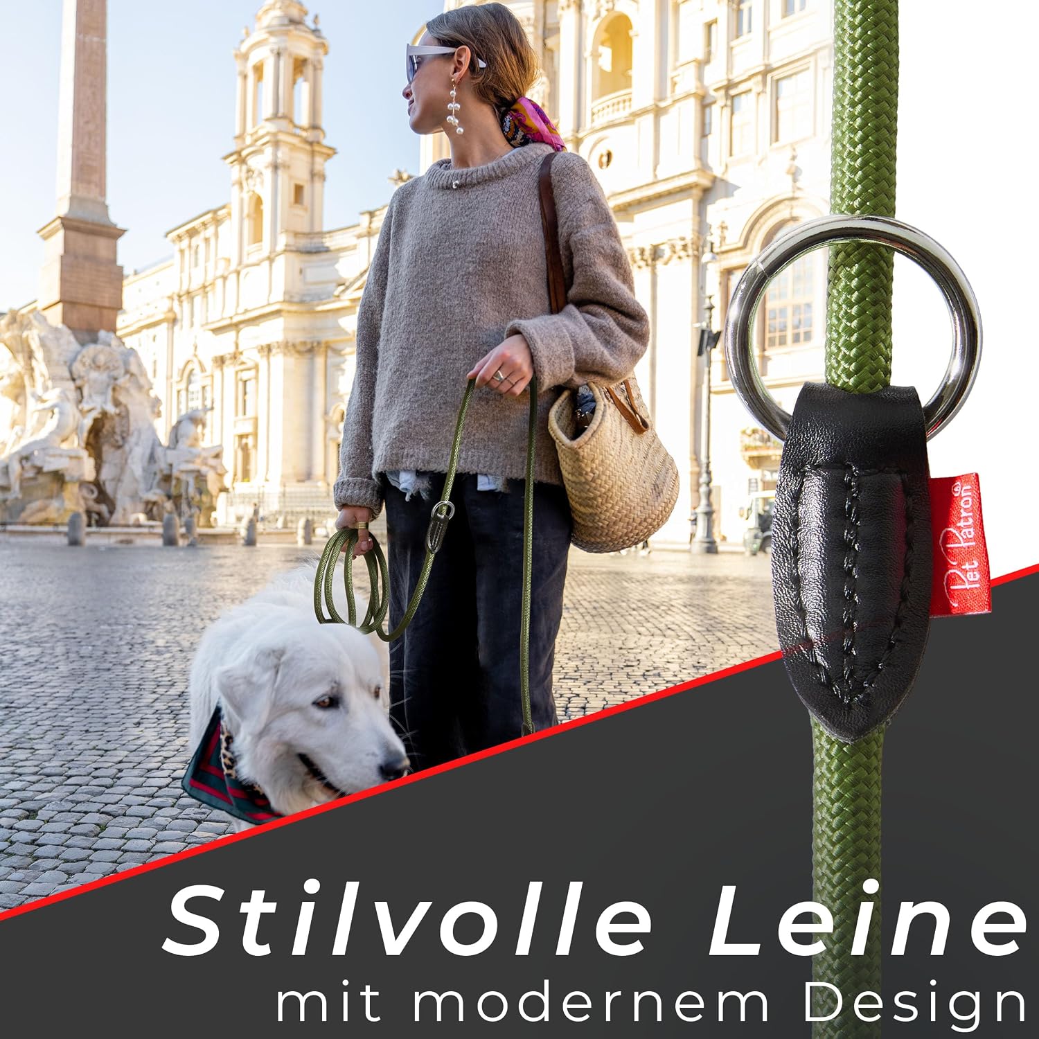 PetPatron verstellbare Hundeleine Nylon 1,5-3 m mit Lederdetails Schwarz