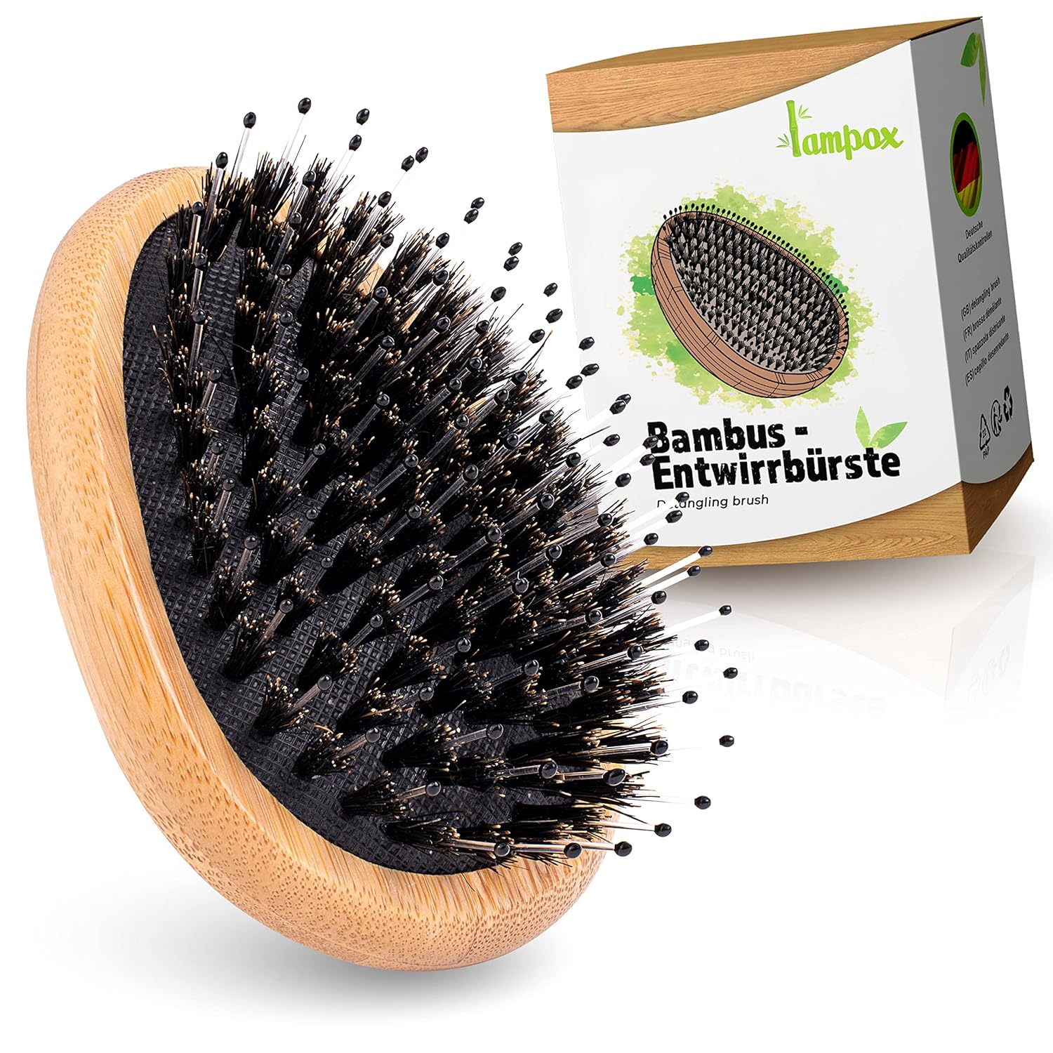 Lampox Bambushaarbuerste mit Wildschweinborsten, ovaler Detangler Kopfmasage