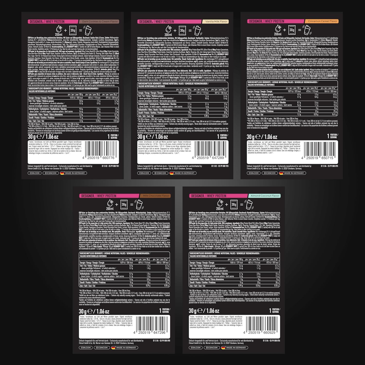 ESN Designer Whey Probierbox 5 x 30 g Whey Proteinpulver 23 g Protein