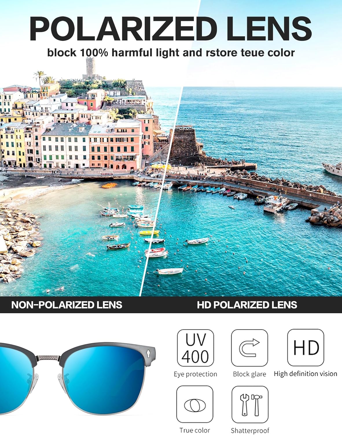 Polarisiert Sonnenbrille Herren UV400 Retro Halbrahmen Fahren Angeln Reisen