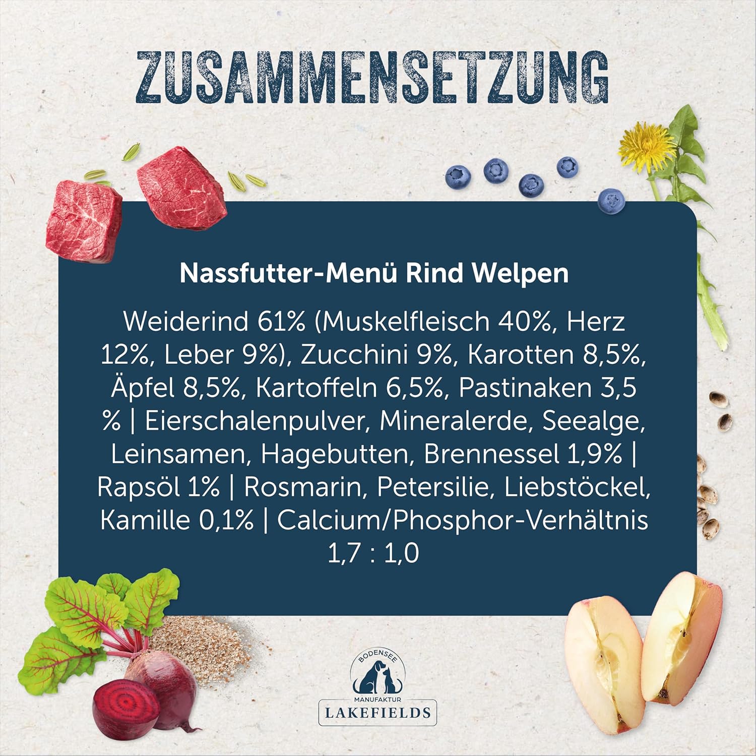Lakefields Welpenfutter Nass Huhn 61% 6x800g verschiedene Sorten getre