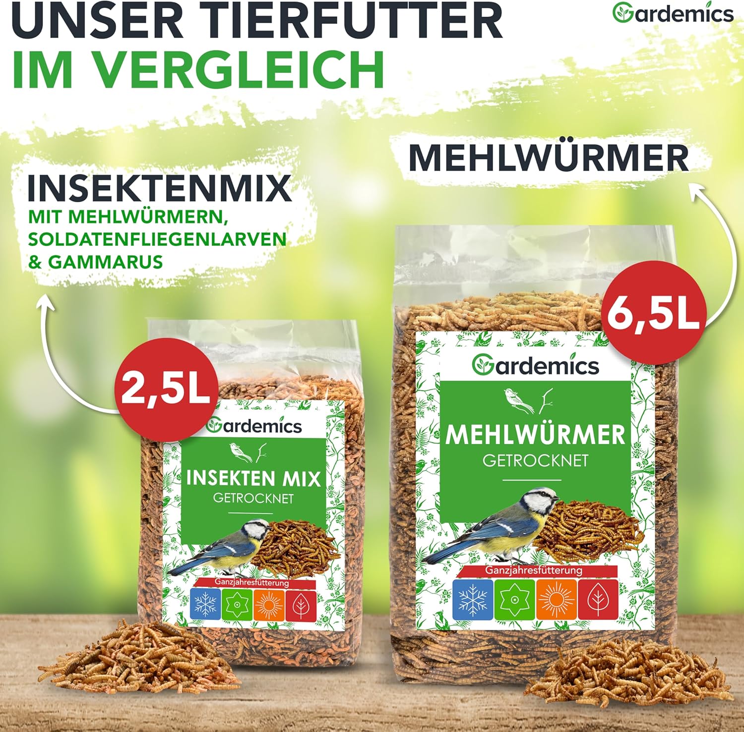 Gardemics Mehlwuermer getrocknet Insektenfutter fuer Voegel Fische Reptili