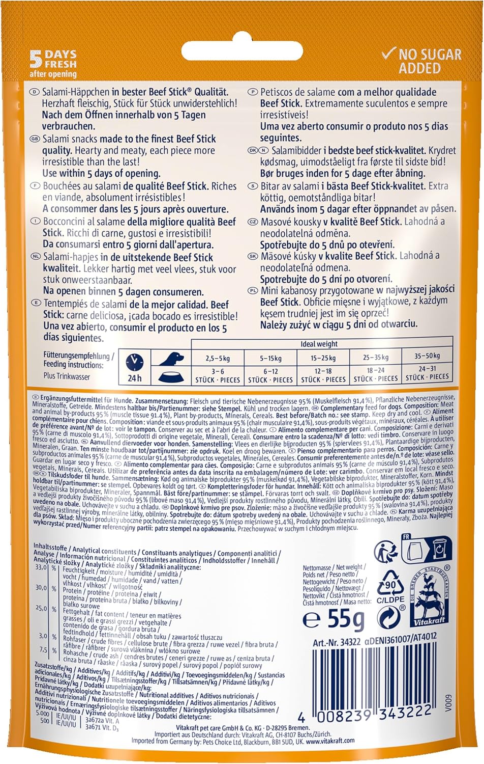 Vitakraft Beef Stick Rustico Hundeleckerli 7 x 55 g Salamihäppchen ohne Zucker