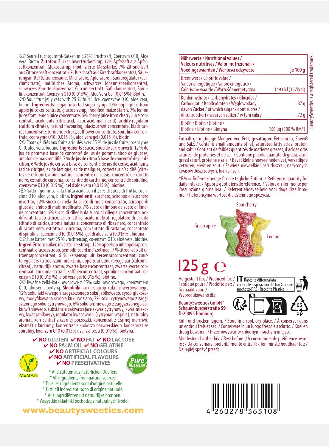 BeautySweeties Saure Katzen 125 g Fruchtgummi vegan mit 25% Fruchtsaft