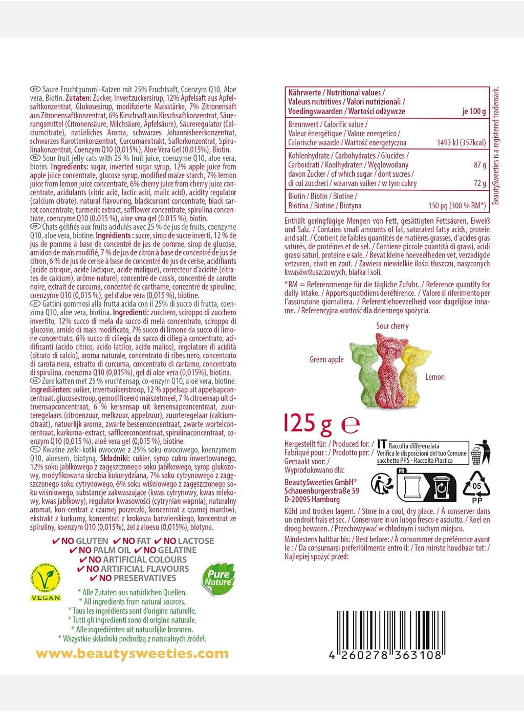 BeautySweeties Saure Katzen 125 g im 10er Pack - Fruchtig-saure & vegane Fruchtg