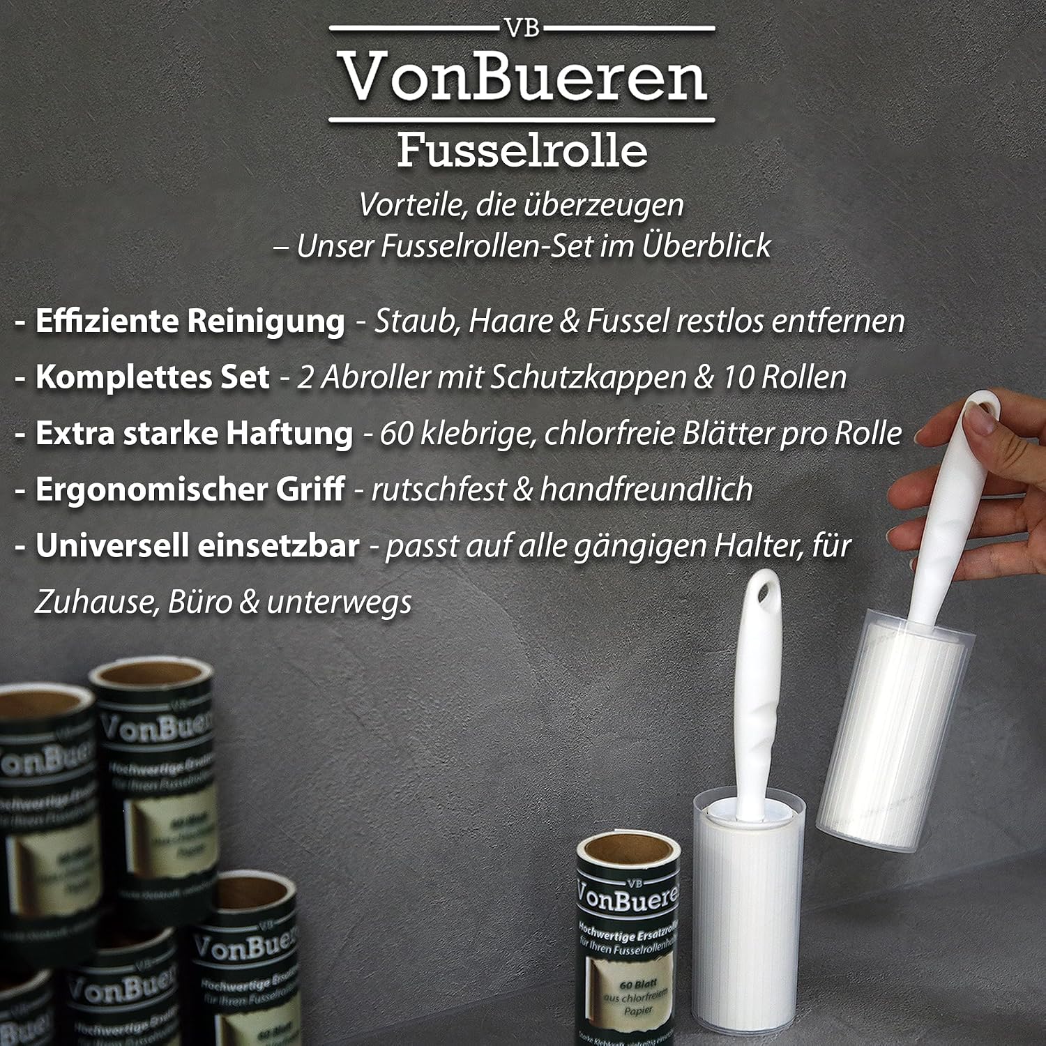 VonBueren Fusselrolle Set mit 10 Rollen, 600 Blatt, 2 Abrollern und 2 Huellen