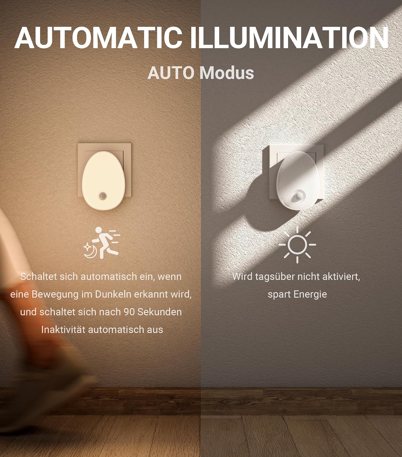 Lyridz Nachtlicht Steckdose mit Bewegungsmelder dimmbar warmweiss 2 Stueck