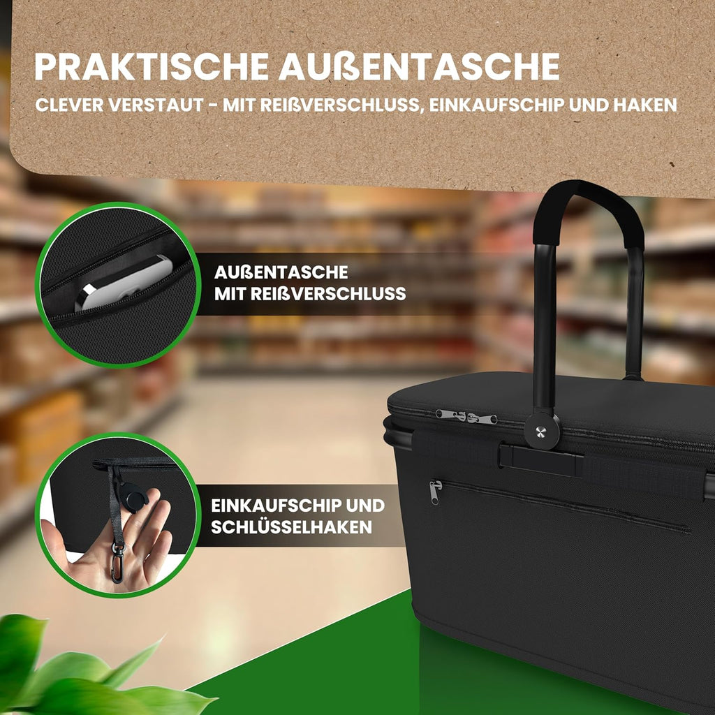 Cottara Thermo Einkaufskorb gross isoliert mit Deckel Reissverschlussfach Schwarz