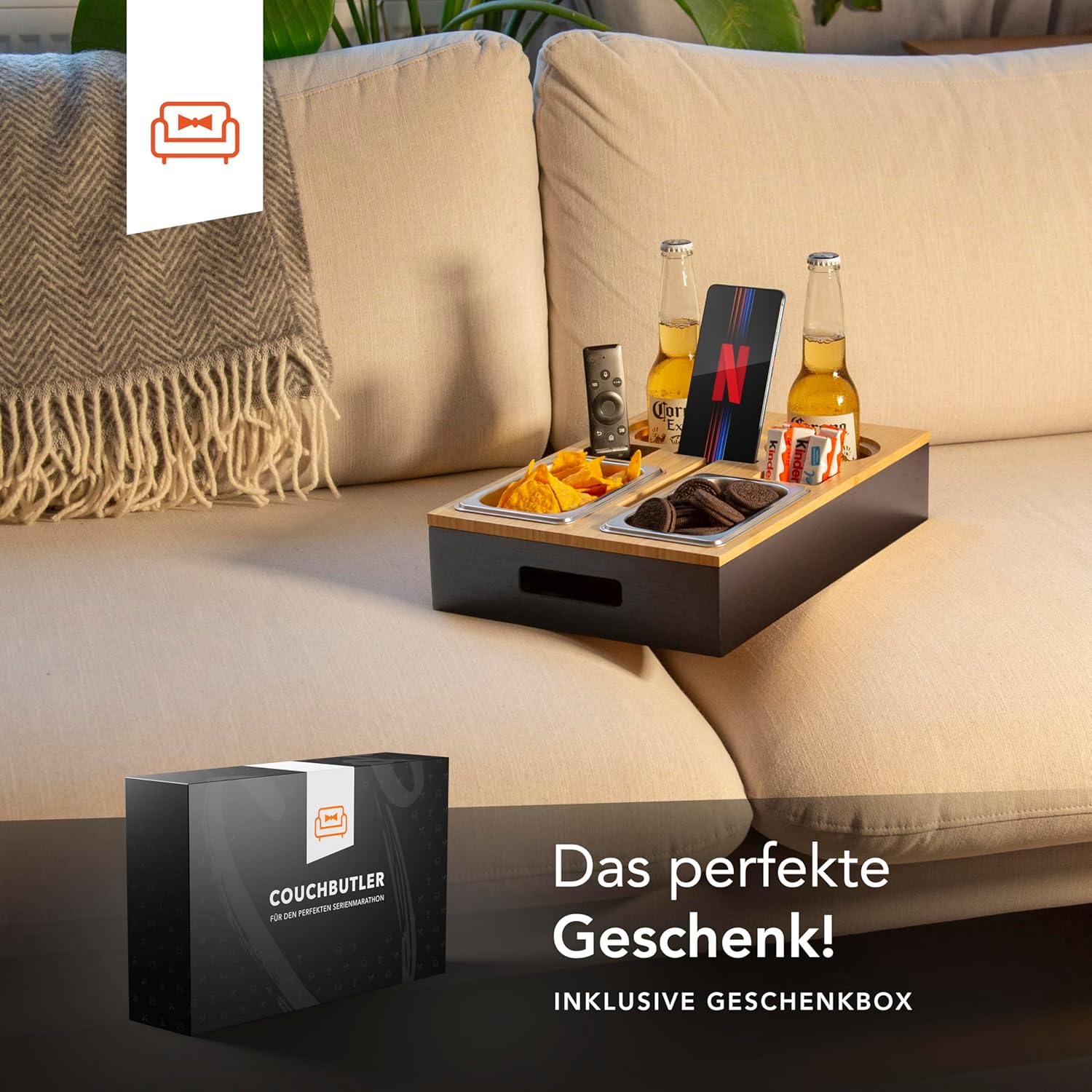 Couchbar Bambus Snackbox mit 2 Schalen, 2 Getraenkehaltern, Handyhalter Schwarz