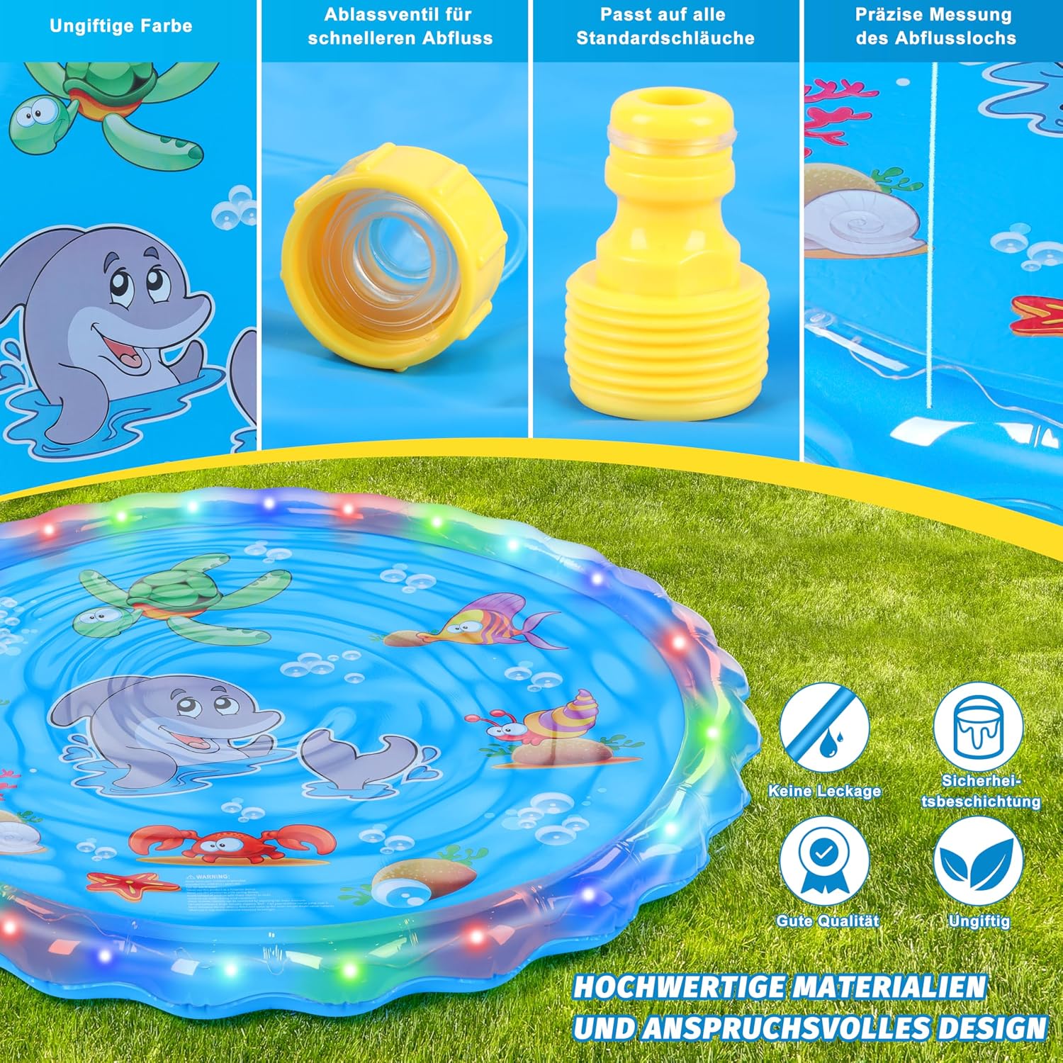 IEEILULU Splash Pad 170 cm Wassersprinkler Spielmatte mit LED Blau