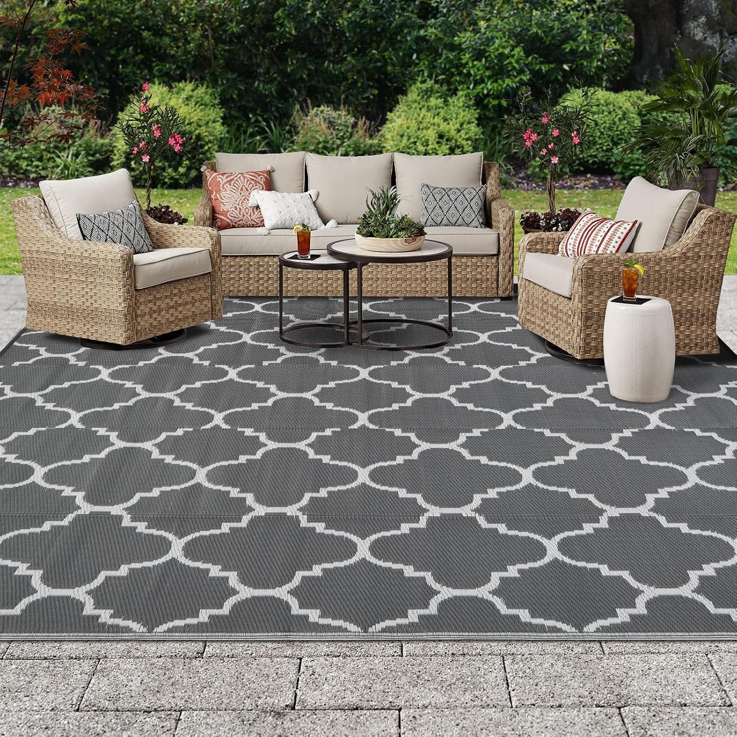 OIGAE Balkon- und Garten Teppich 120x180 cm Grau wetterfest UV-bestaendig