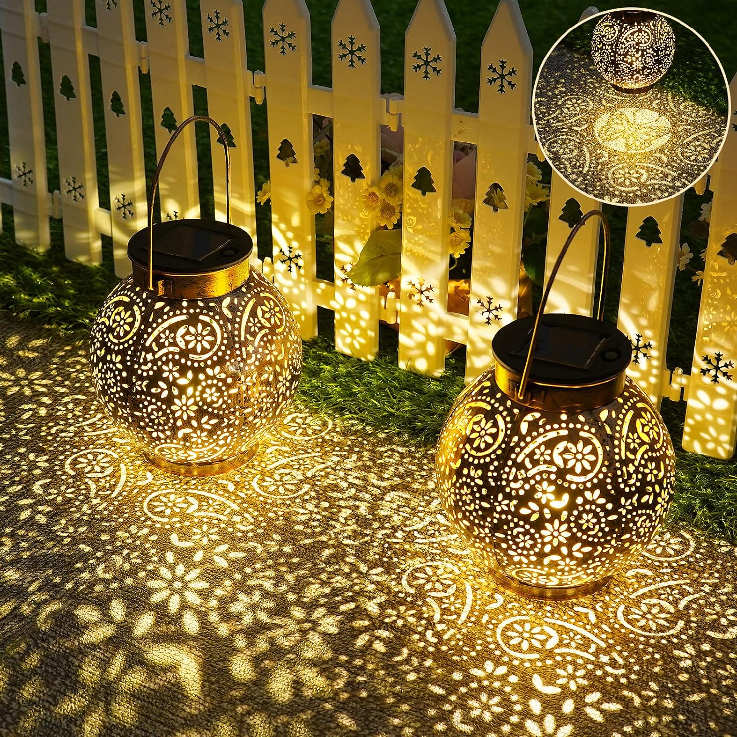 Solarlampe aussen haengend 2er Set IP65 Metall warmweiss Balkon Garten Terrasse