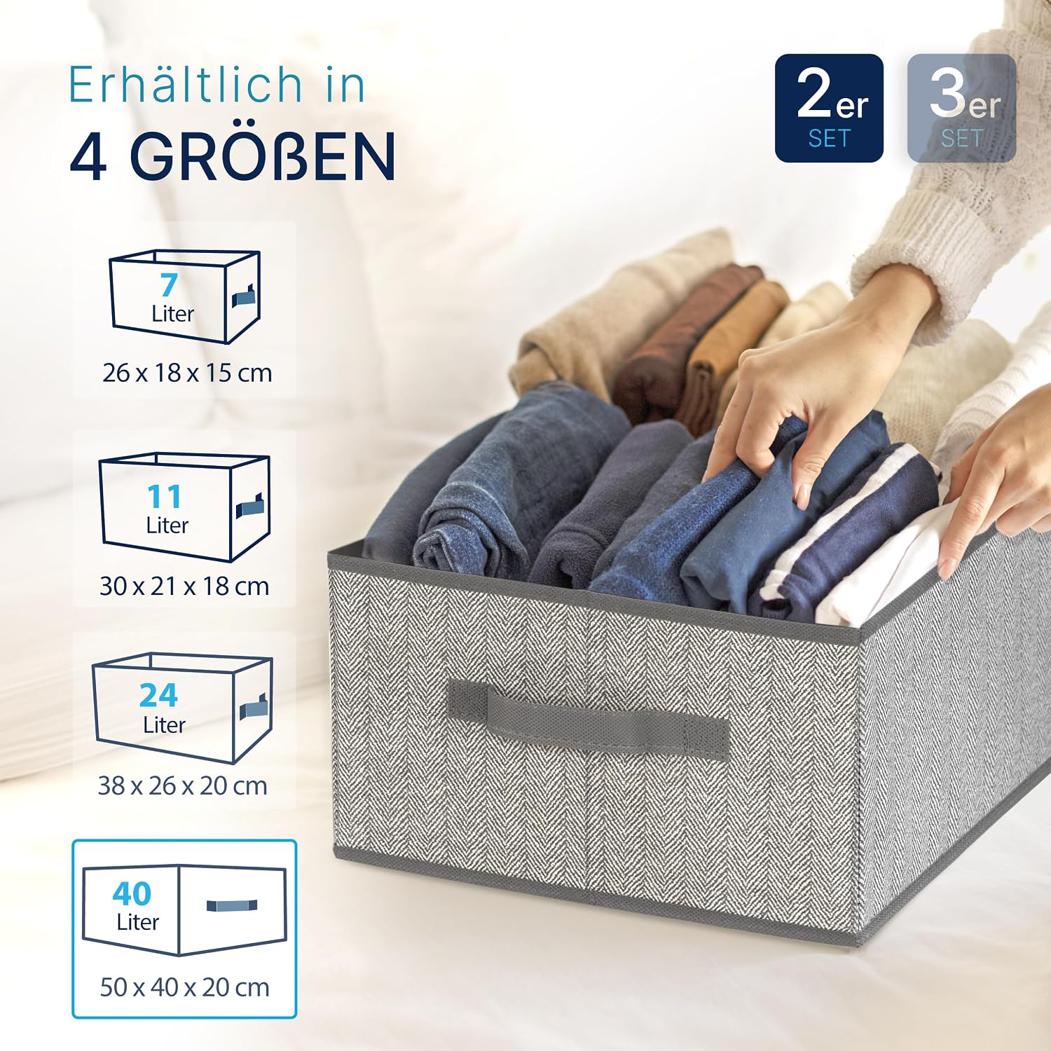 Aufbewahrungsboxen Stoff 3er Set 30×21×18 cm faltbar Organizer grau‑beige