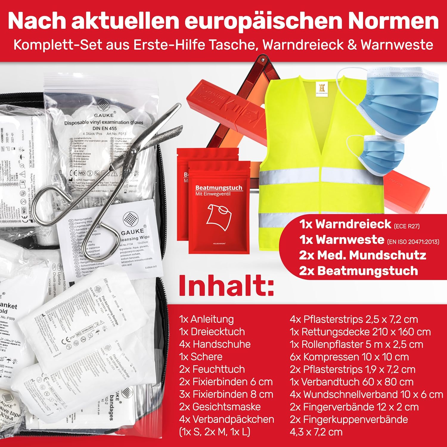 KFZ Kombitasche 3in1 Verbandskasten Warndreieck Warnweste DIN 13164:2022