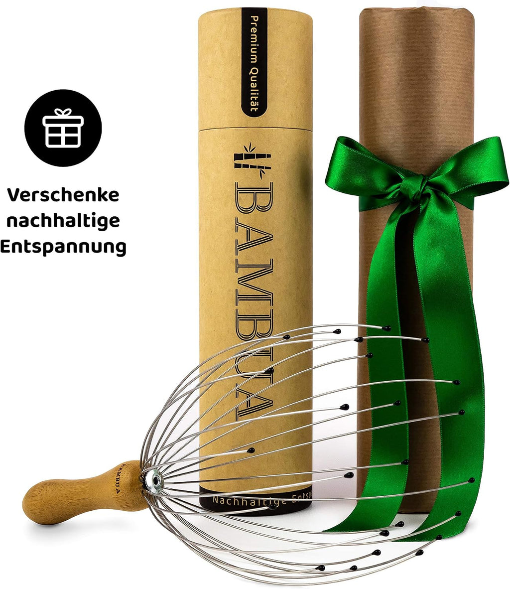 Kopfmassagegeraet Spinne 24 Metallfaeden mit Bambusgriff zur Entspannung