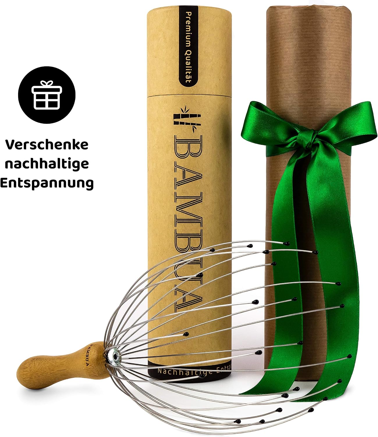 Kopfmassagegeraet Spinne 24 Metallfaeden mit Bambusgriff zur Entspannung