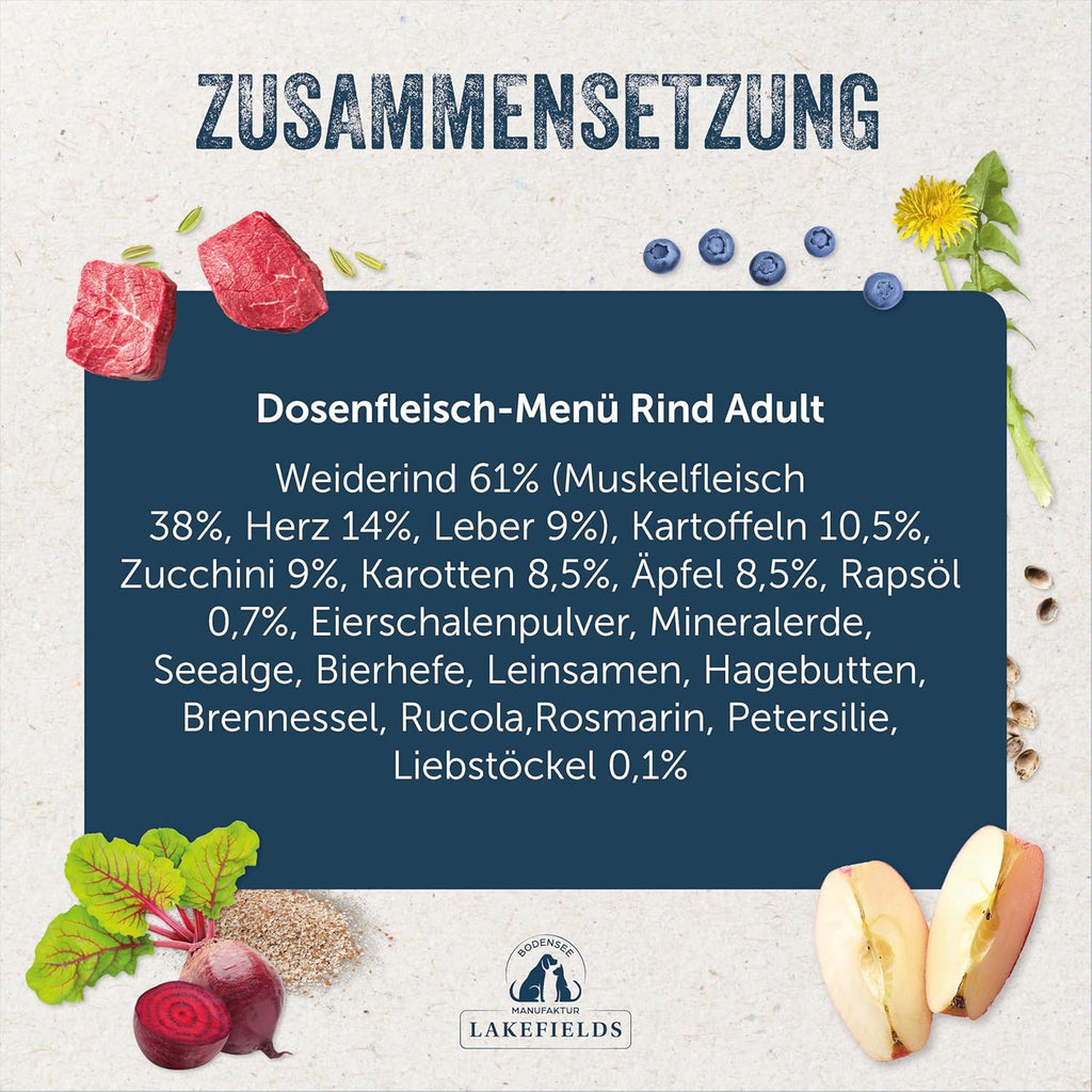 Lakefields Hundefutter Nass Rind 61% 6 x Getreidefrei mit Obst & Gemuese 200