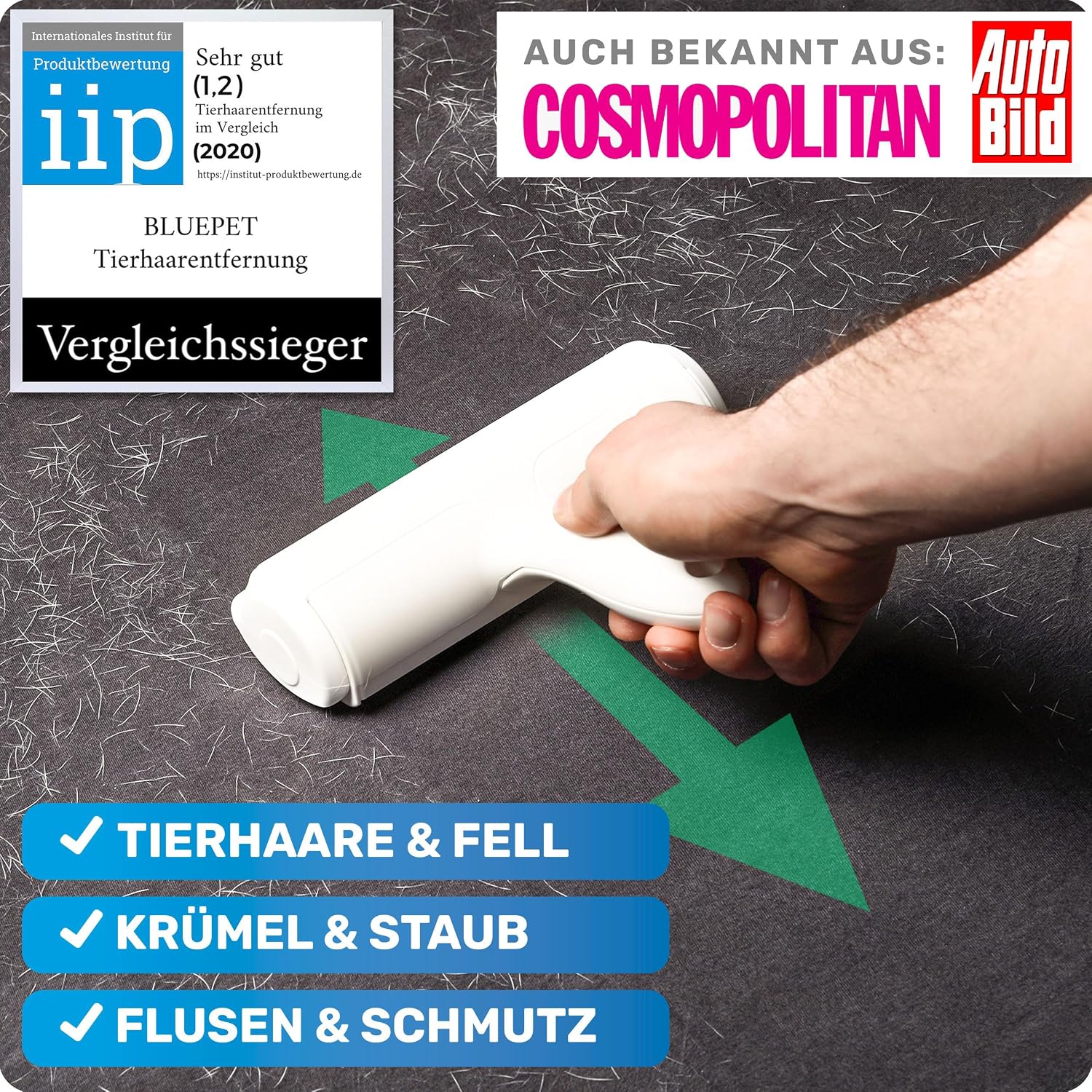 BluePet Tierhaarentferner wiederverwendbar + Mini-Fusselrolle fuer Kleidung