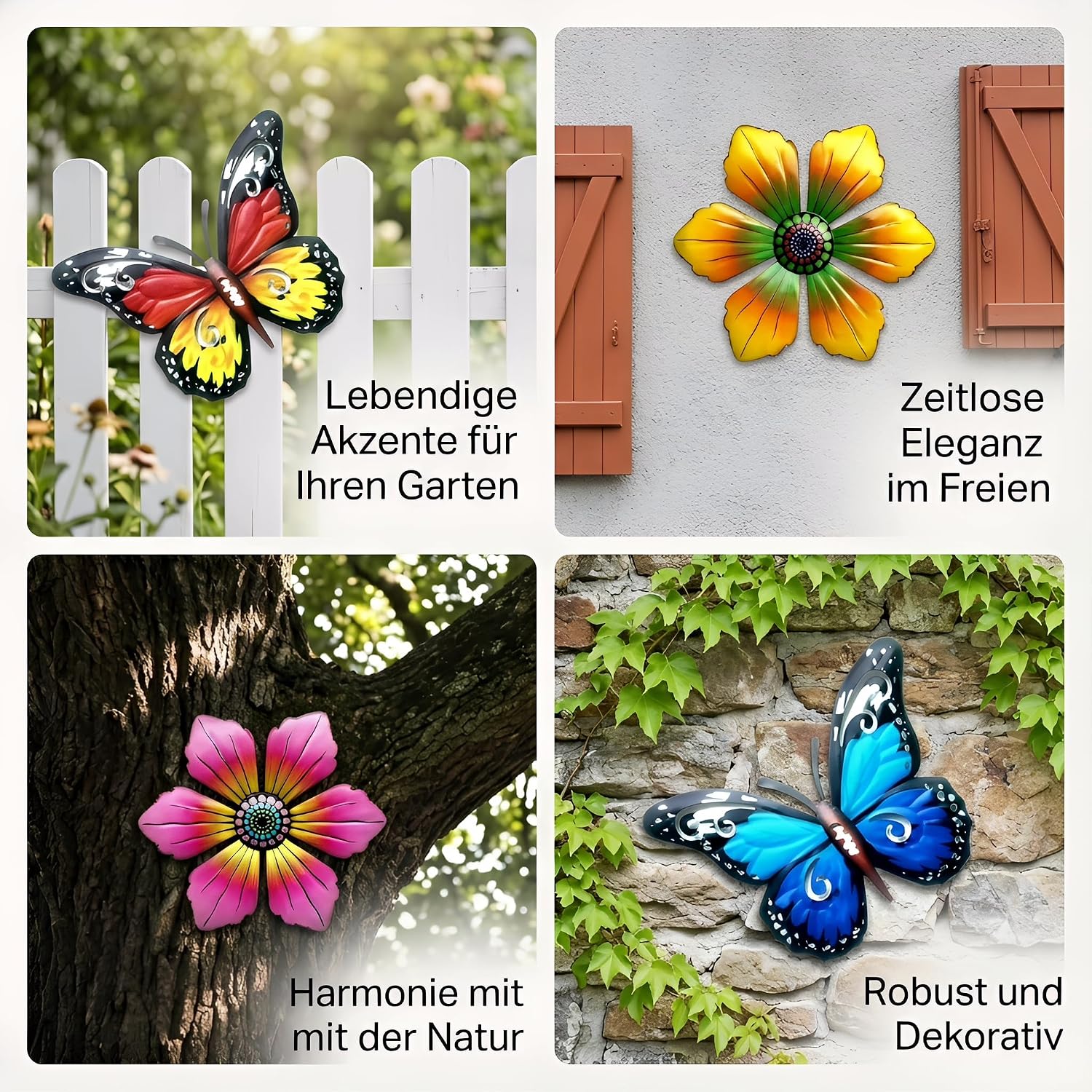 4er-Set Metall Gartenornamente Schmetterling Blumen Wanddeko aussen