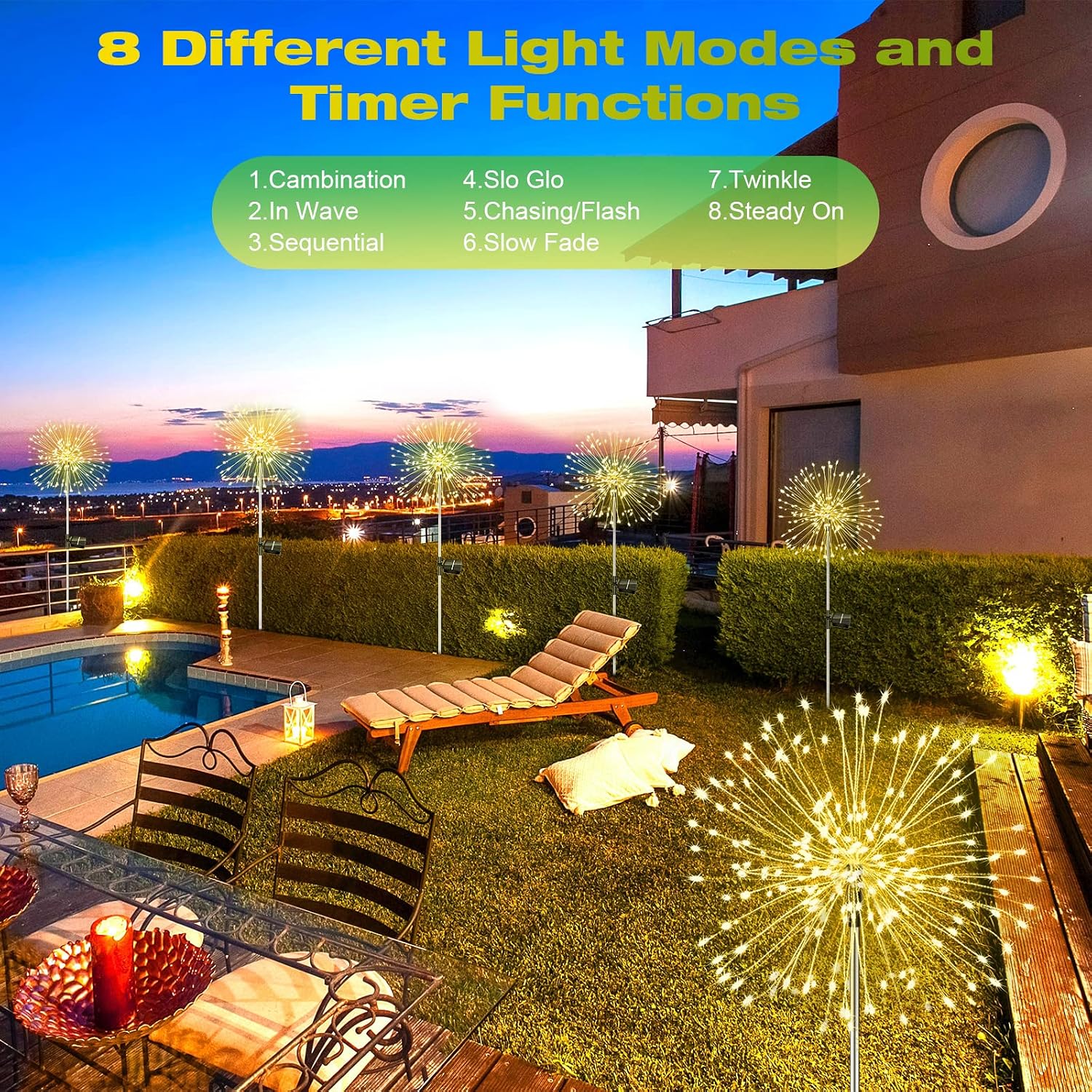 Liyade Solar Gartenleuchten 2 Stueck 120 LED Warmweiss 8 Modi Feuerwerk Pusteblume