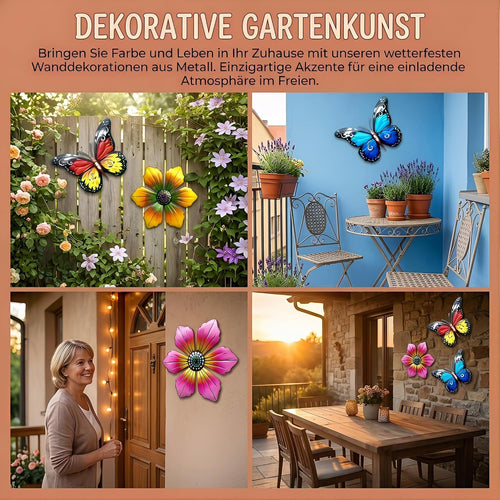 4er-Set Metall Gartenornamente Schmetterling Blumen Wanddeko aussen