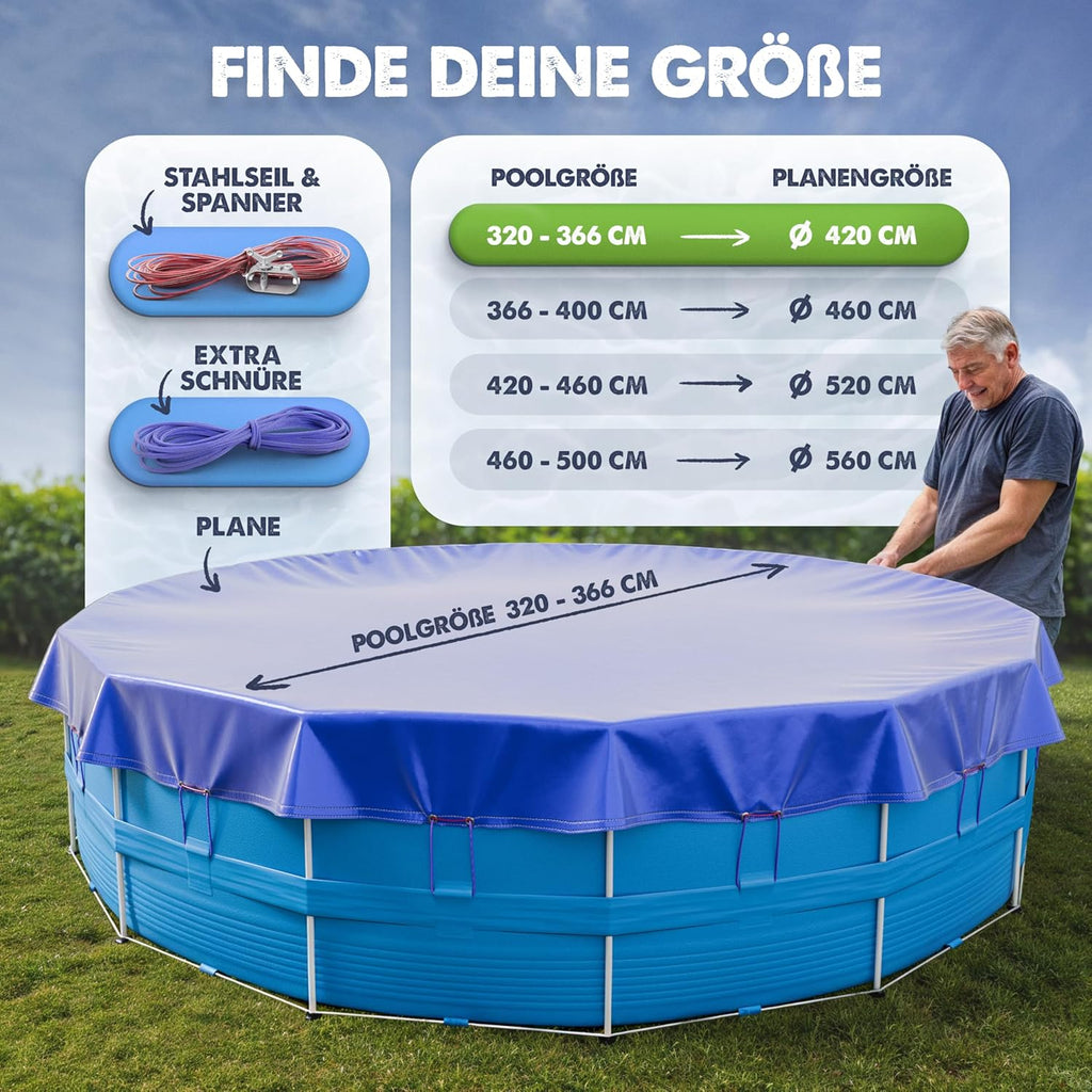 Poolabdeckung rund 366 cm Ø 200 GSM fuer Intex Bestway Pools 366cm-520cm