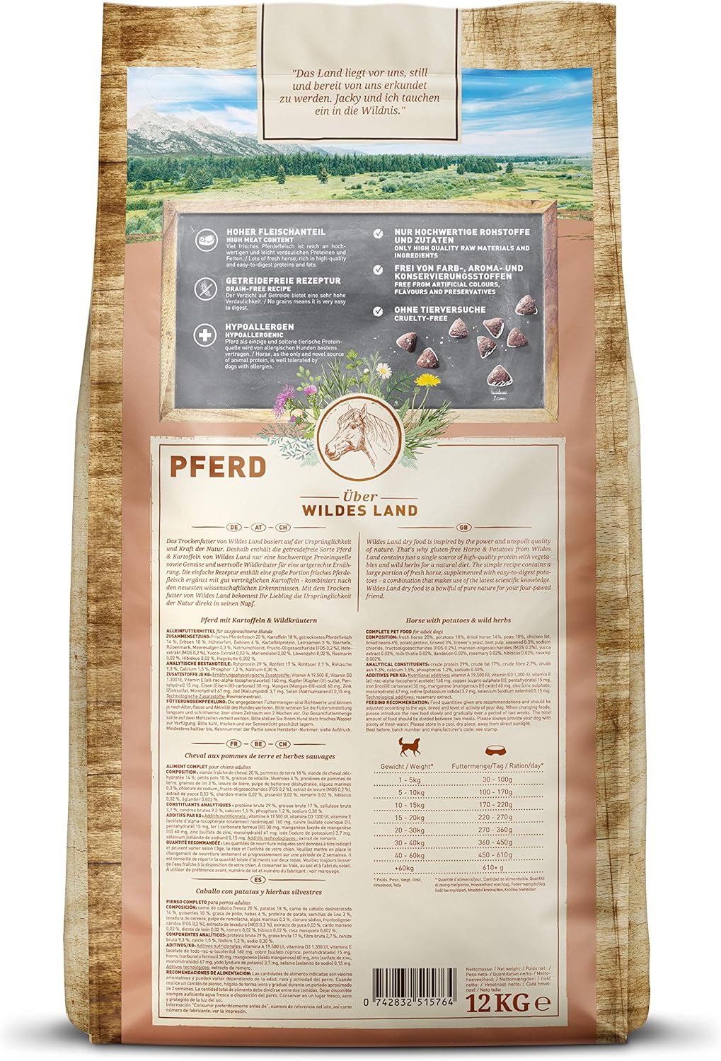 WILDES LAND Wild Trockenfutter 12 kg fuer ausgewachsene Hunde mit hohem Fleischanteil