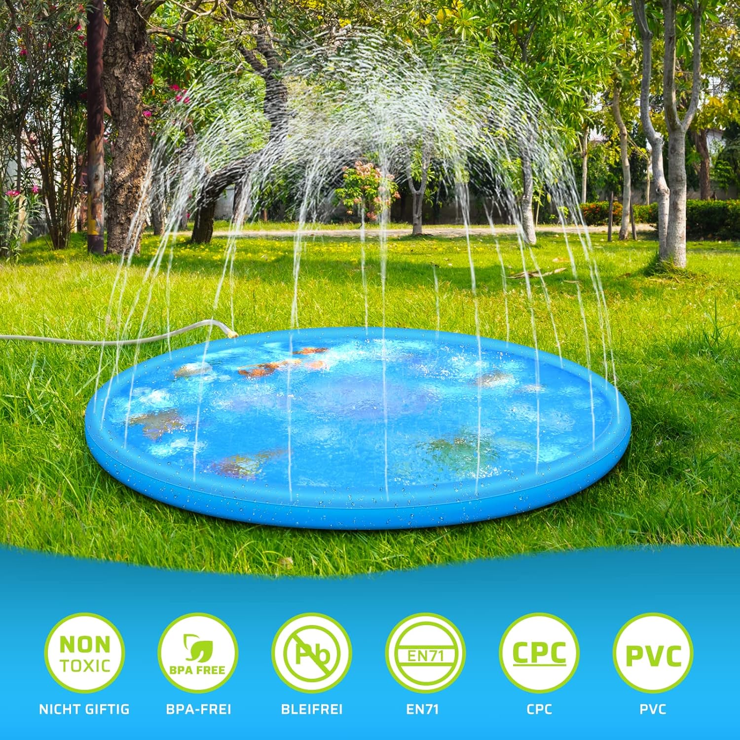 Anpro 170 cm Splash Pad Wasserspielmatte mit 15 Anti-Rutsch-Streifen