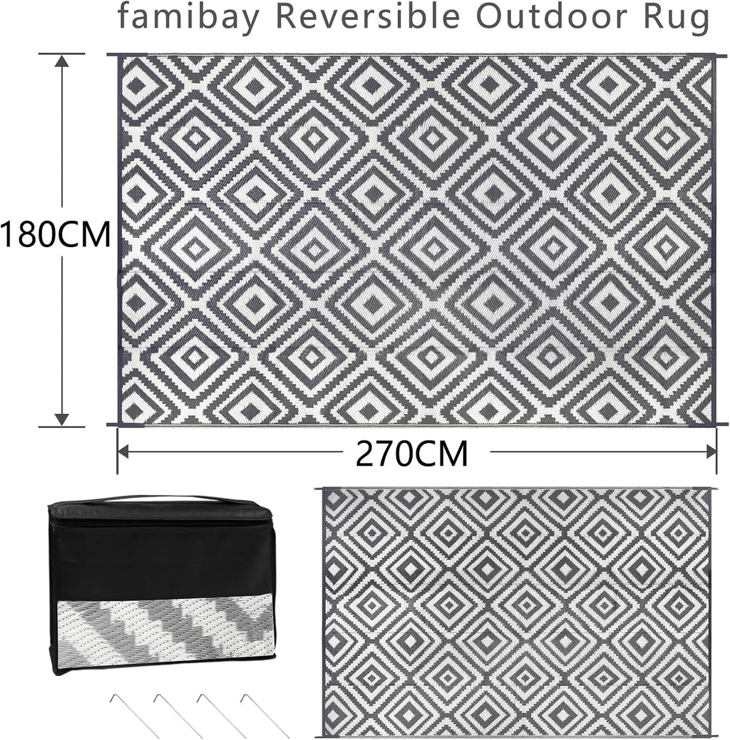 Famibay Outdoor Teppich 245x305 cm wasserabweisend wendbar 180cm-365cm