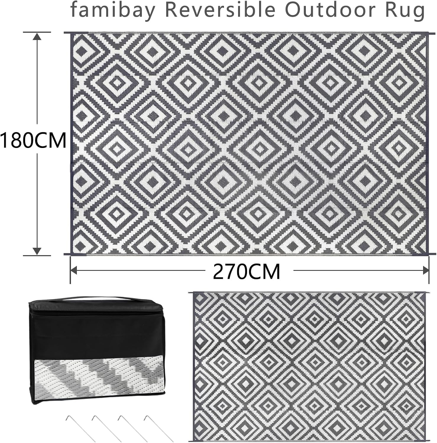 Famibay Outdoor Teppich 245x305 cm wasserabweisend wendbar 180cm-365cm