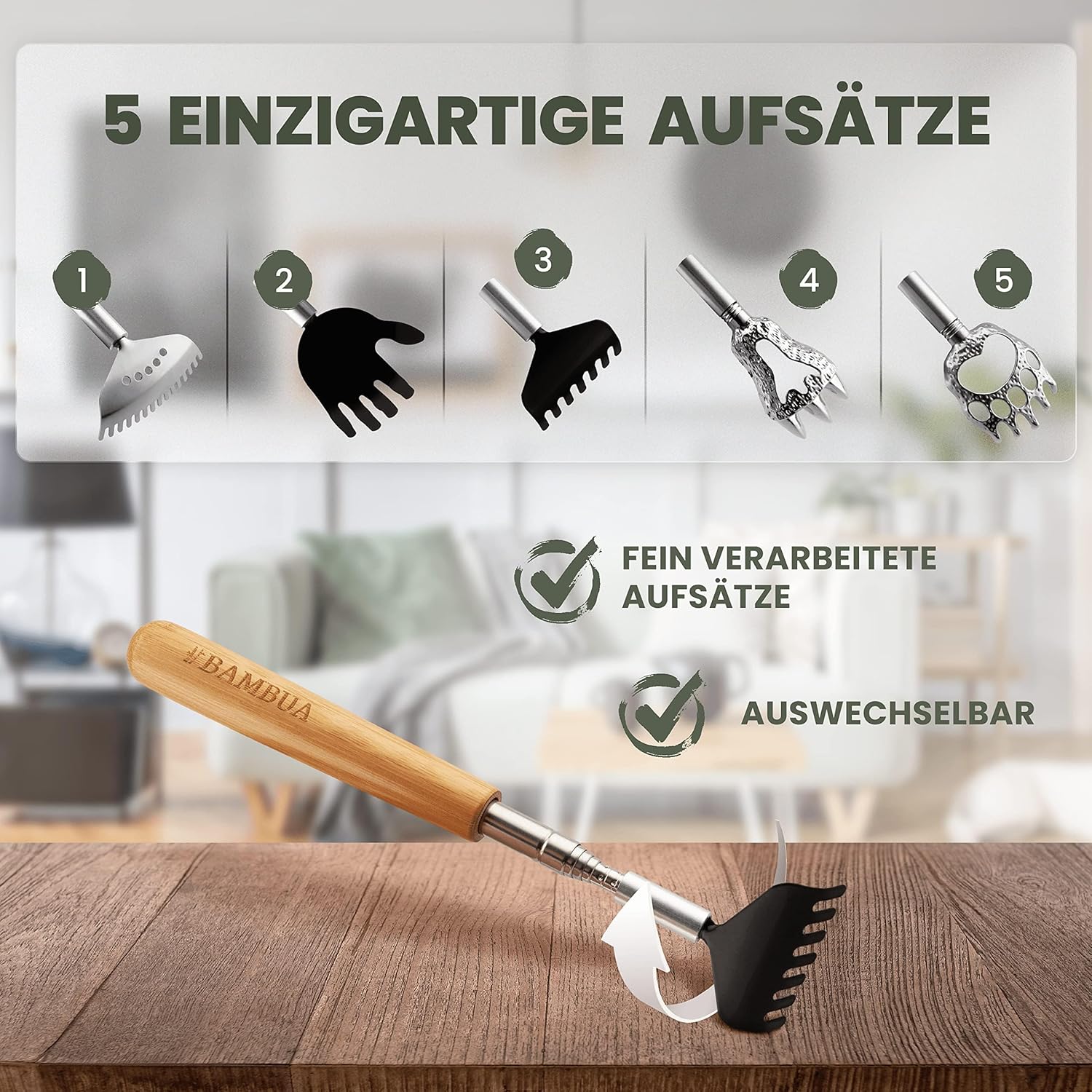 Rueckenkratzer ausziehbar mit 5 Aufsaetzen Bambusgriff Edelstahl Set