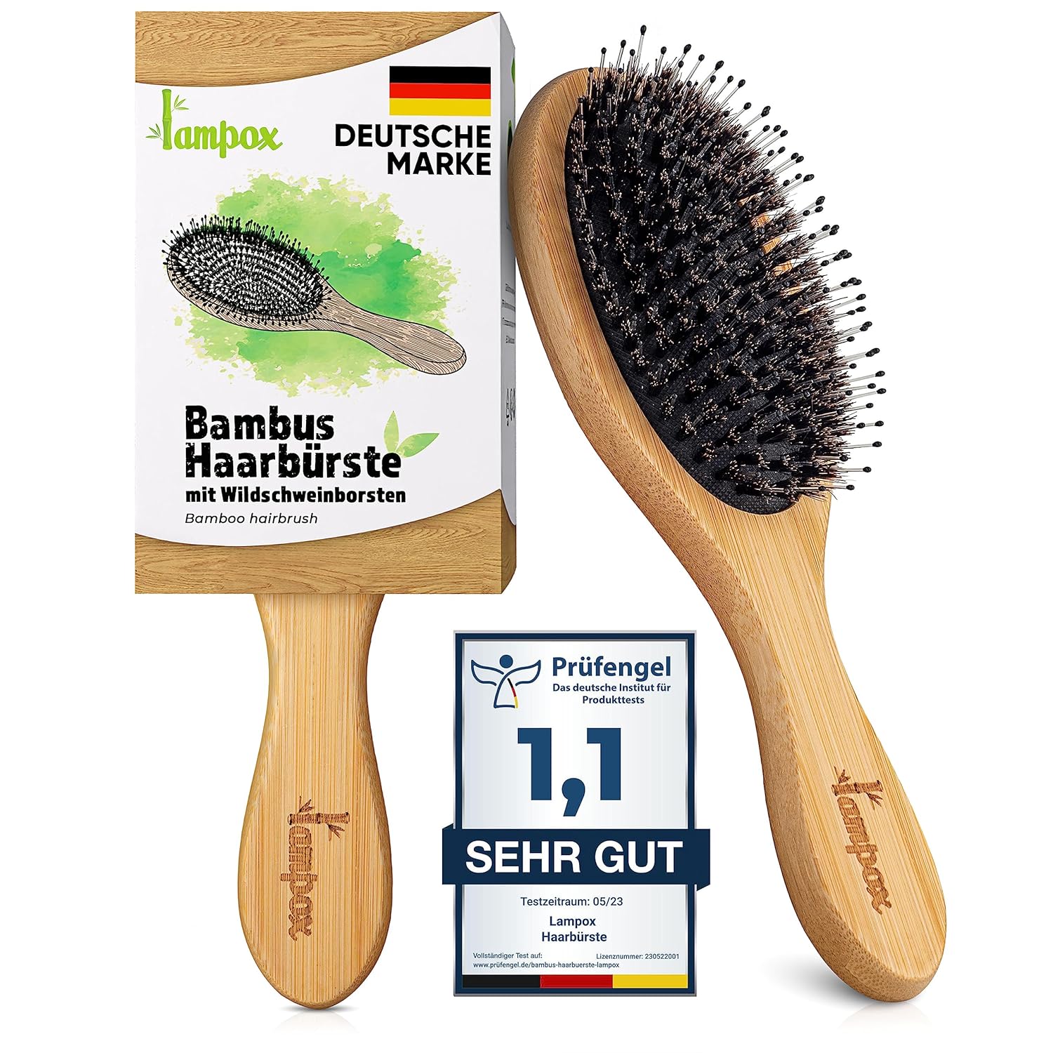 Lampox Bambushaarbuerste mit Wildschweinborsten, ovaler Detangler Kopfmasage