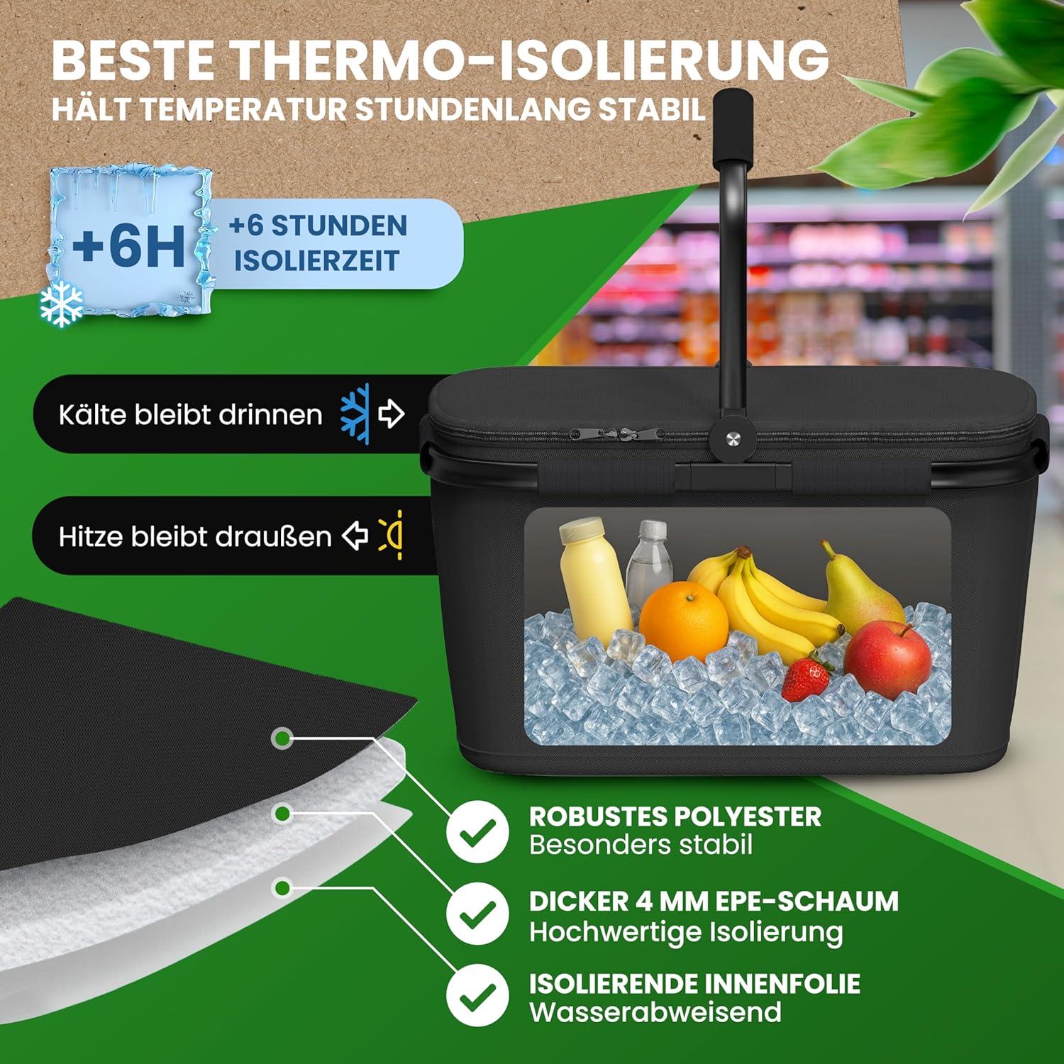 Cottara Thermo Einkaufskorb gross isoliert mit Deckel Reissverschlussfach Schwarz