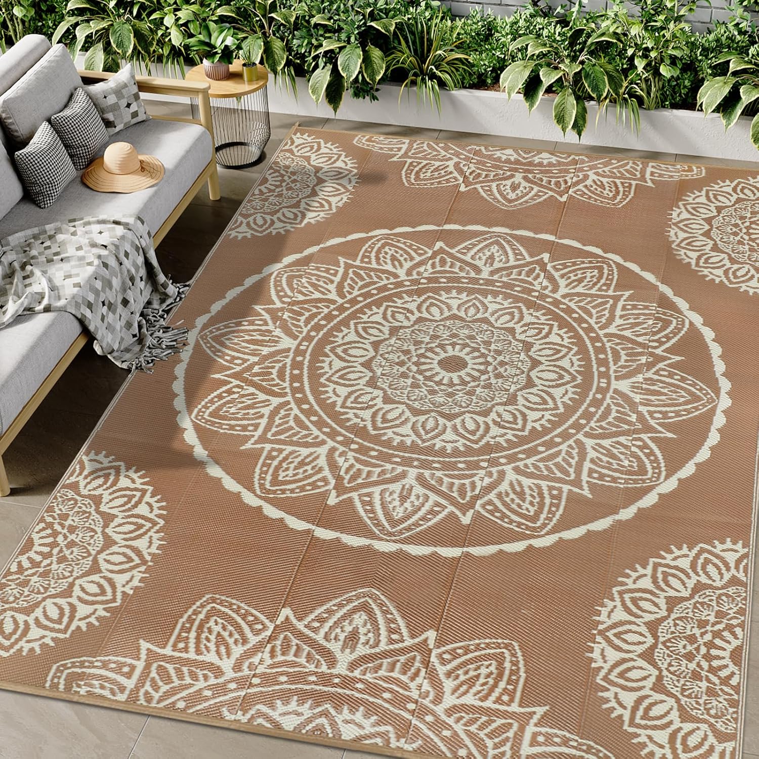 Famibay Outdoor Teppich 180x270 cm wendbar wasserfest beige braun fuer Garten