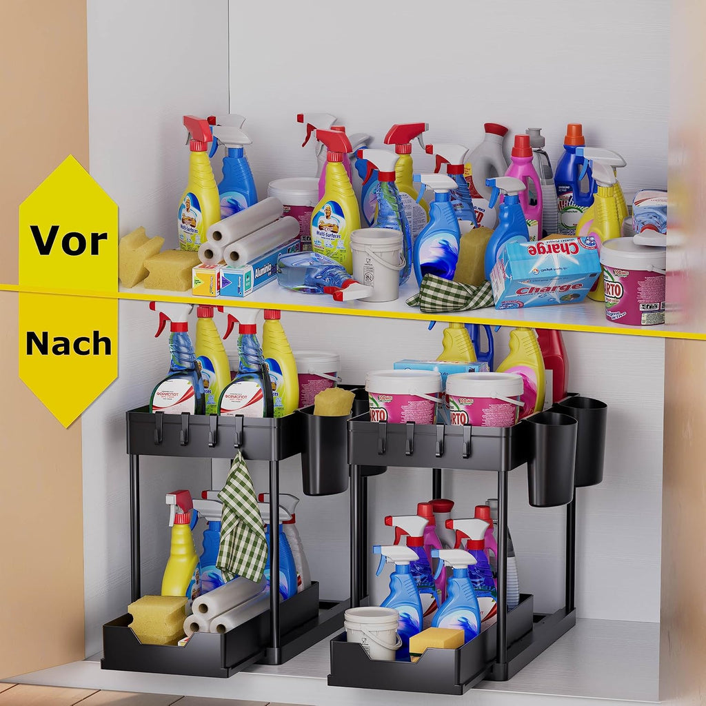 AIXPI 2‑stufiges Unter‑waschbecken Regal mit Haken und Tassenhalter, Schwarz