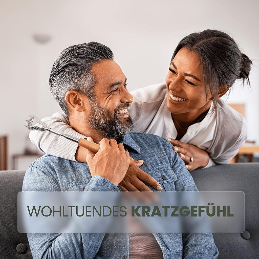 Rueckenkratzer ausziehbar mit 5 Aufsaetzen Bambusgriff Edelstahl Set