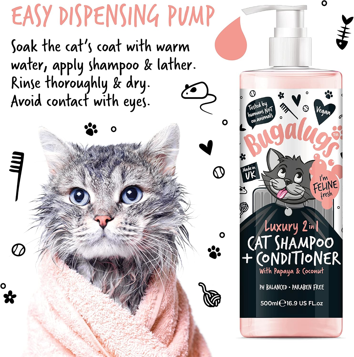 Bugalugs Katzenshampoo mit Conditioner 2in1 500 ml Pumpspender