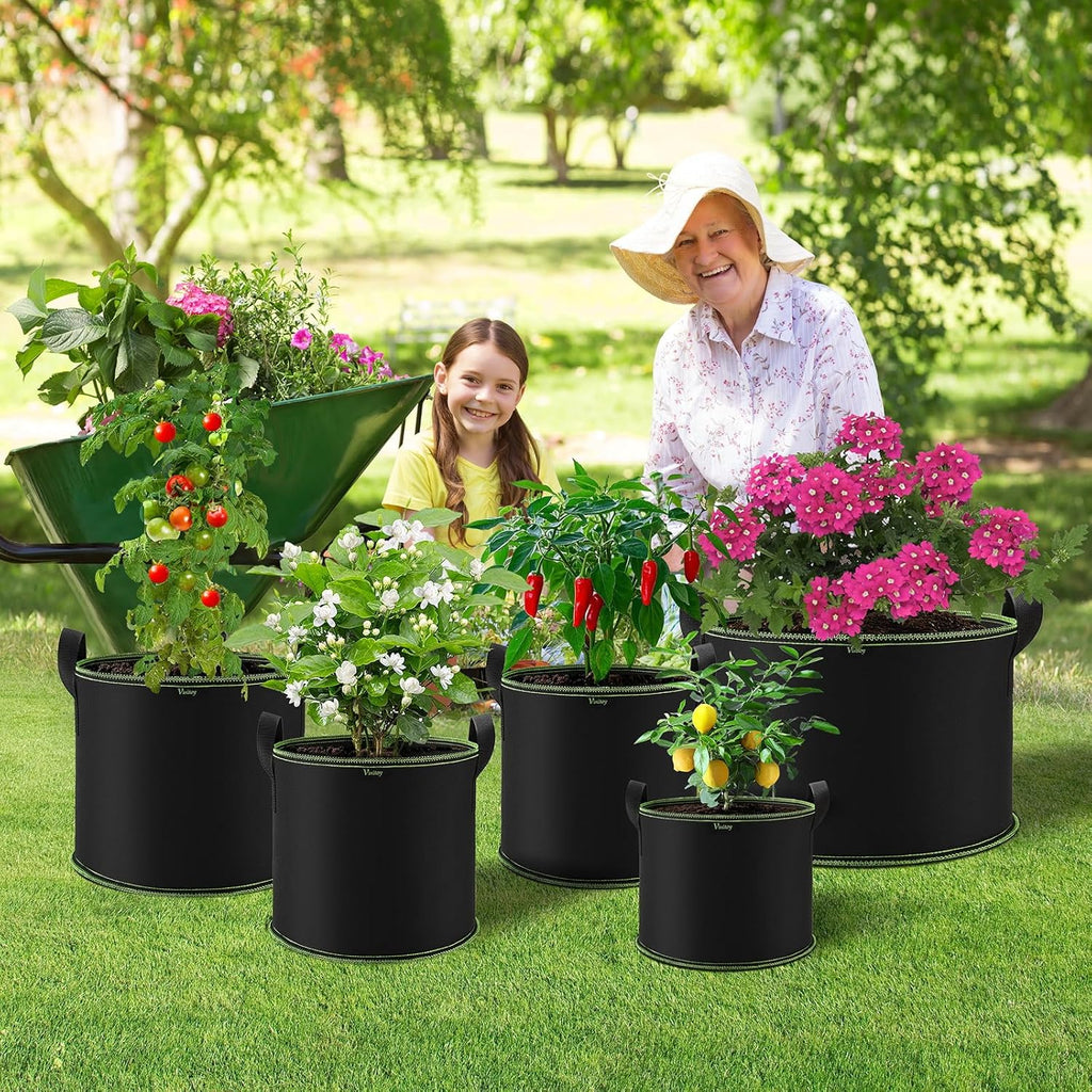 5er Set Stofftopf Vlies Grow Bag mit Griffen + 100×100 cm Pflanzmatte -6
