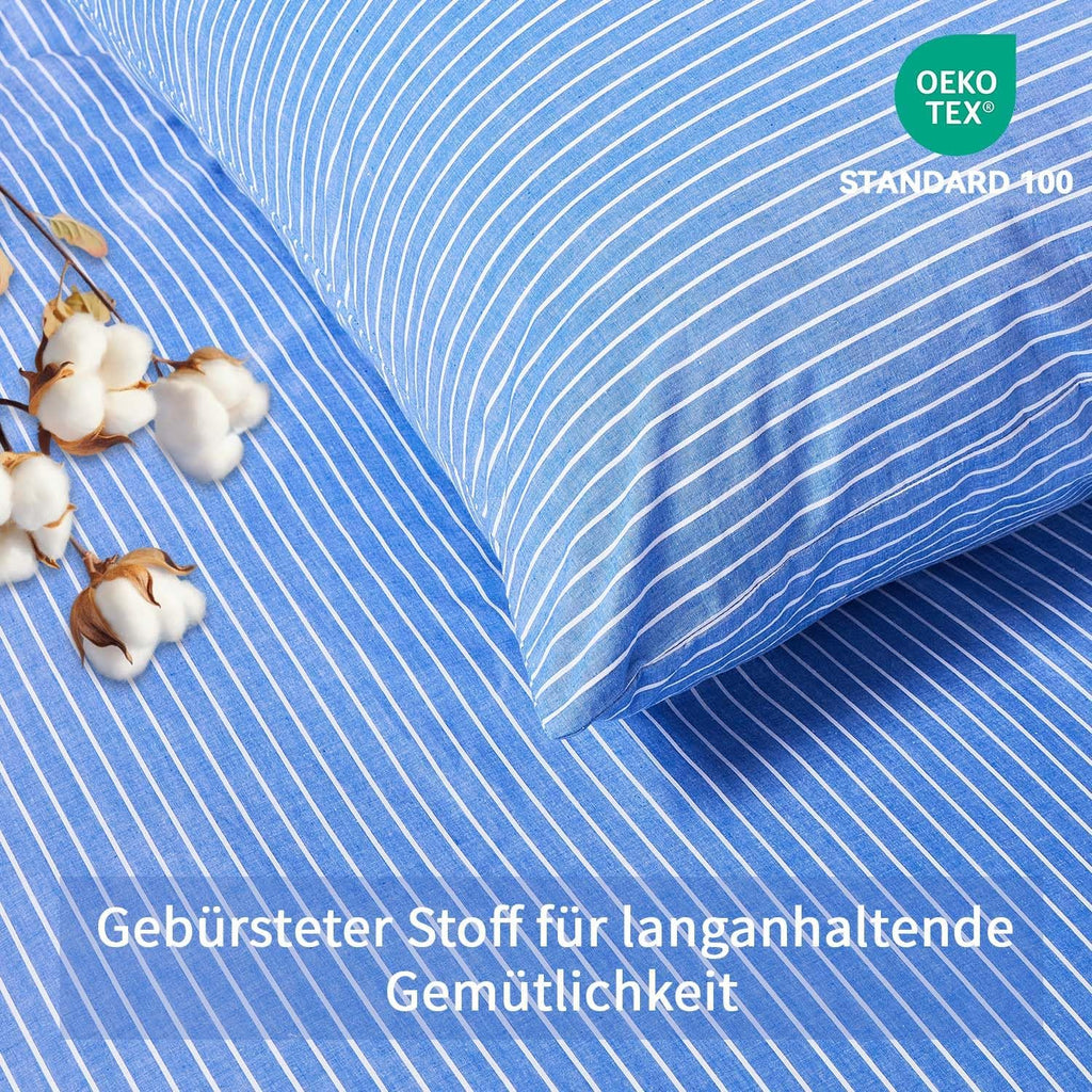 Bettwaesche 135x200 2-teilig Baumwolle Streifen Blau Oeko‑Tex Reissverschluss