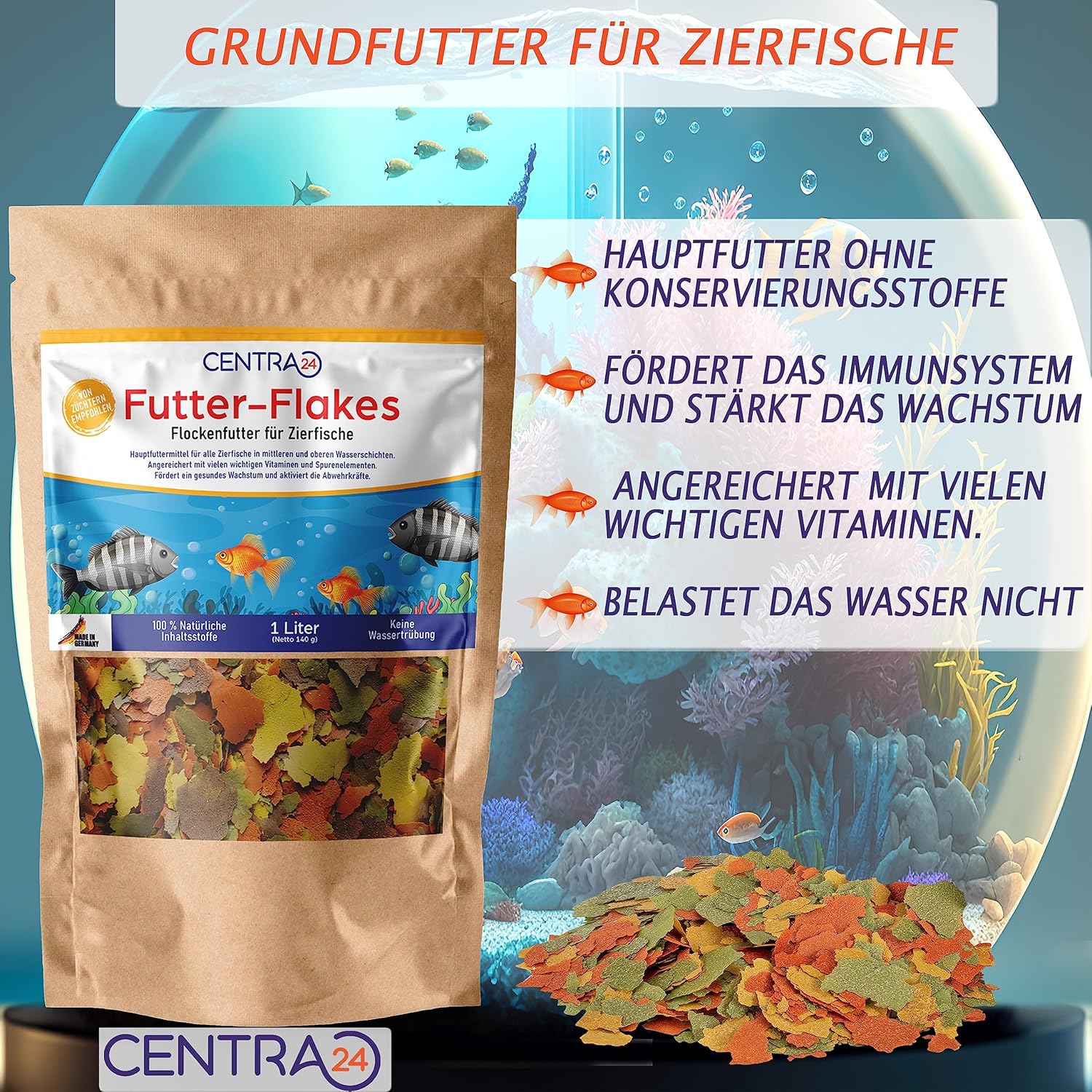 Centra24 Fischfutter Flocken fuer Zierfische Suesswasser mit Vitaminen