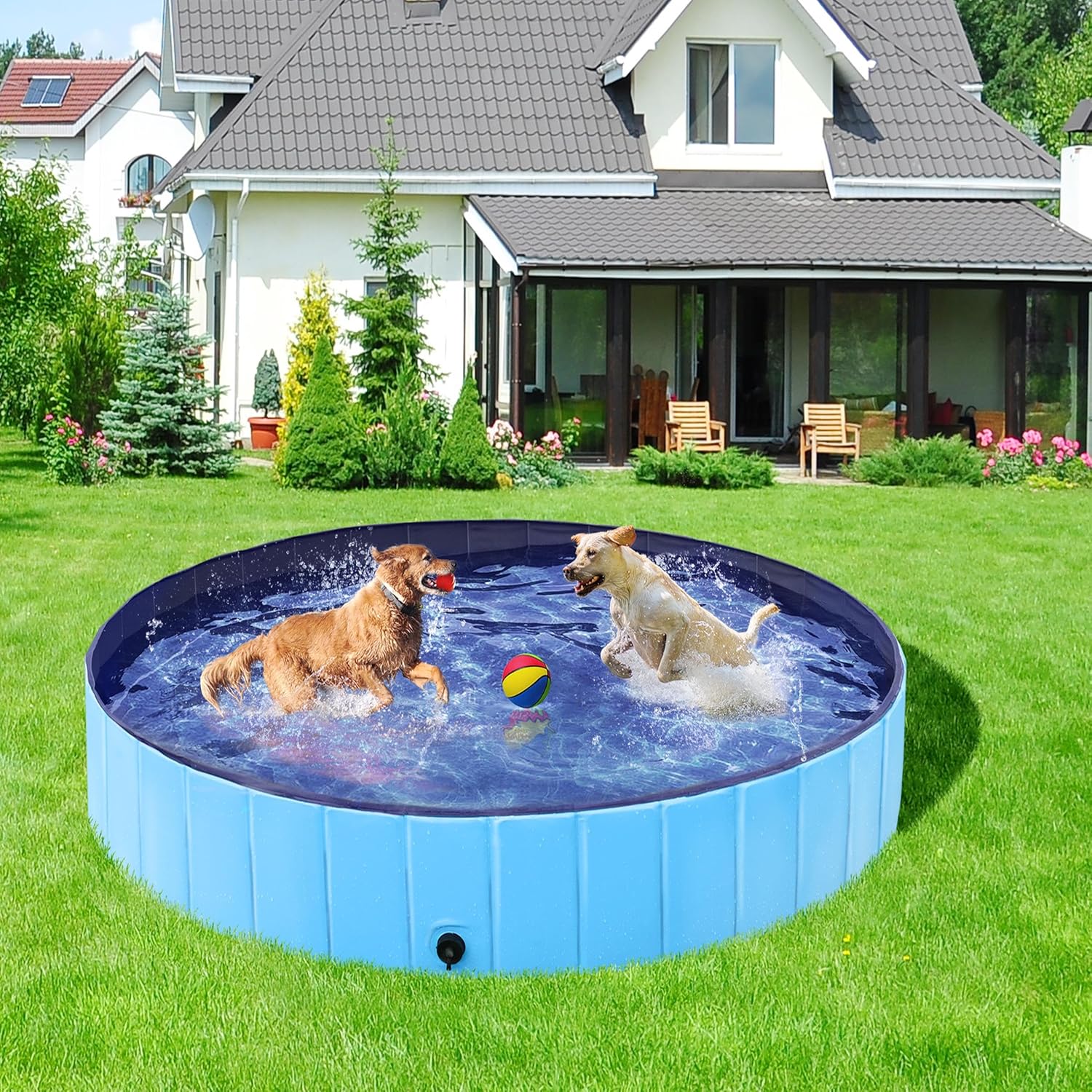Yaheetech Hundepool faltbar 160×30 cm PVC mit Badebuerste 30cm Ozean Blau
