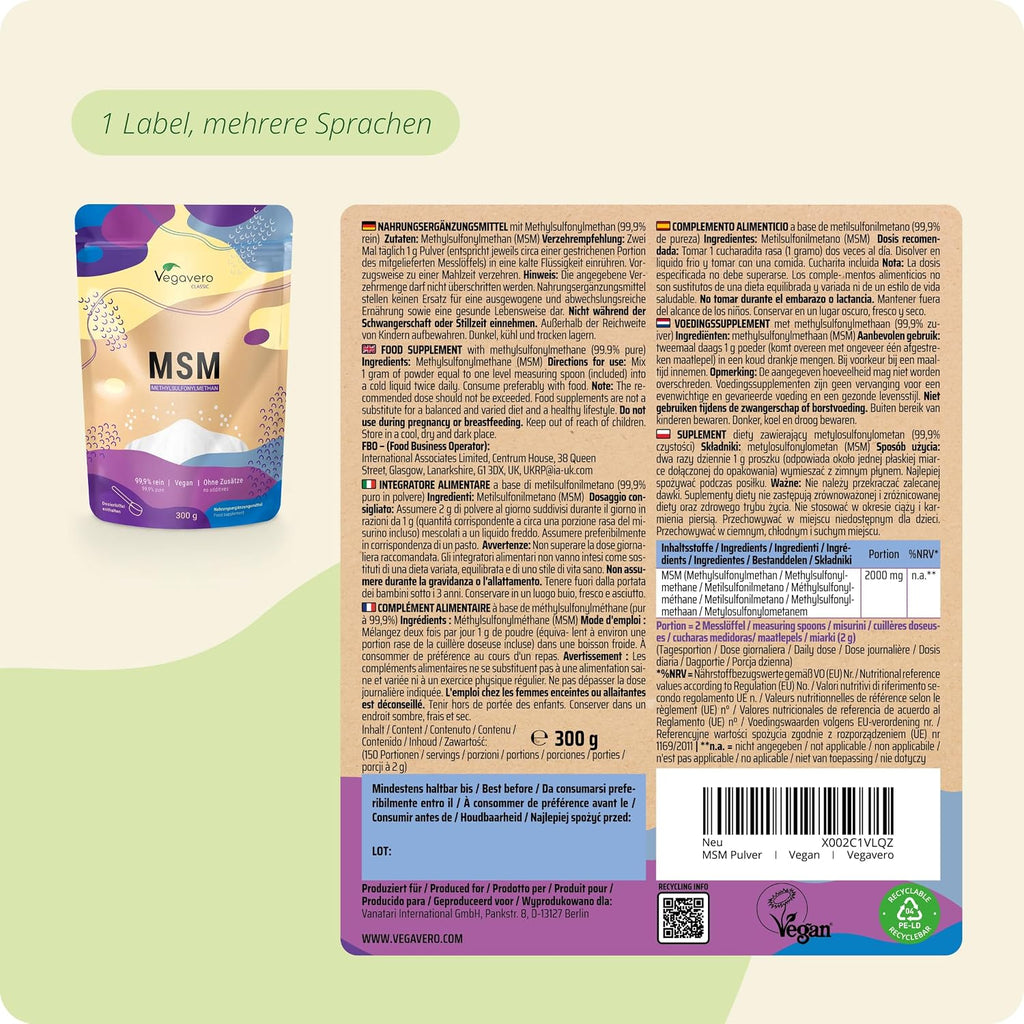 MSM Pulver Methylsulfonylmethan 99,9% Vegan Supplement