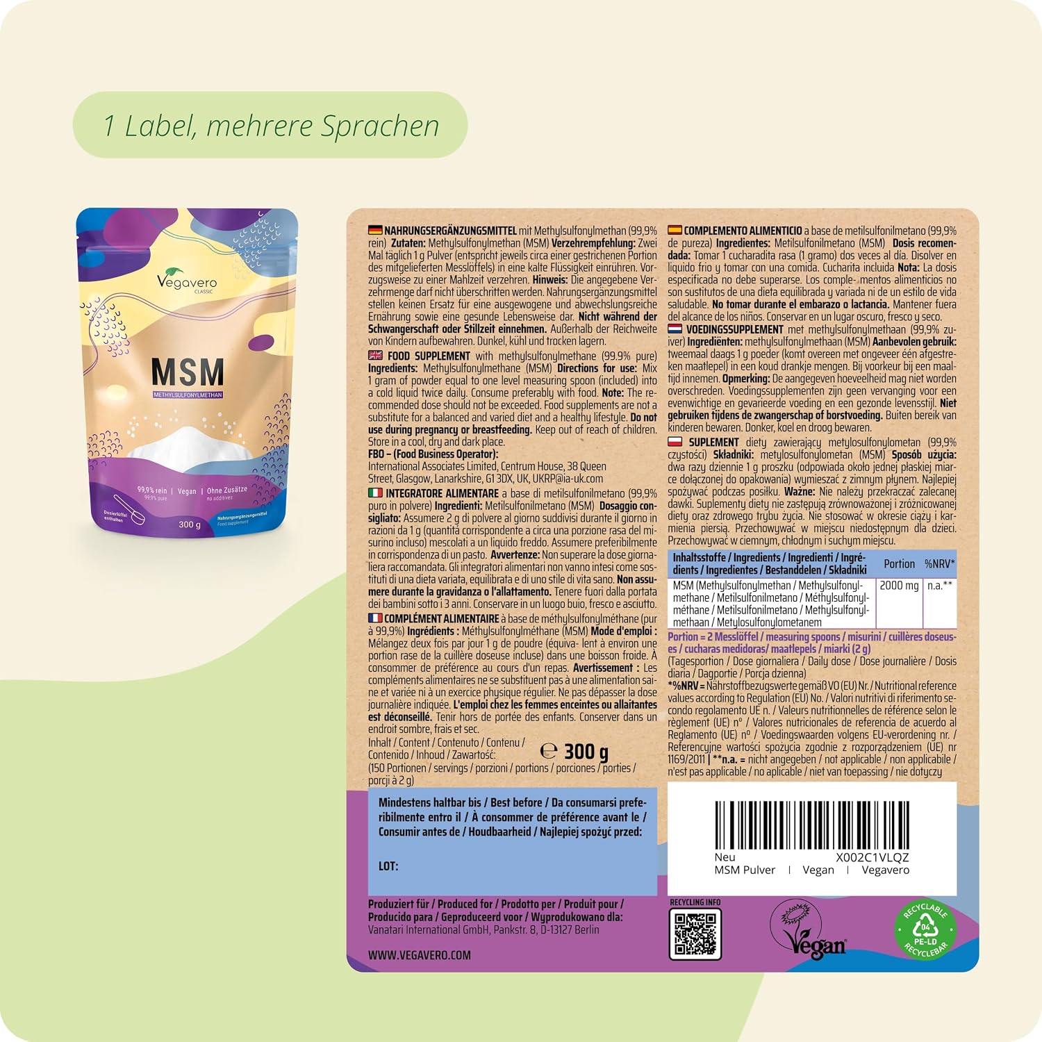MSM Pulver Methylsulfonylmethan 99,9% Vegan Supplement
